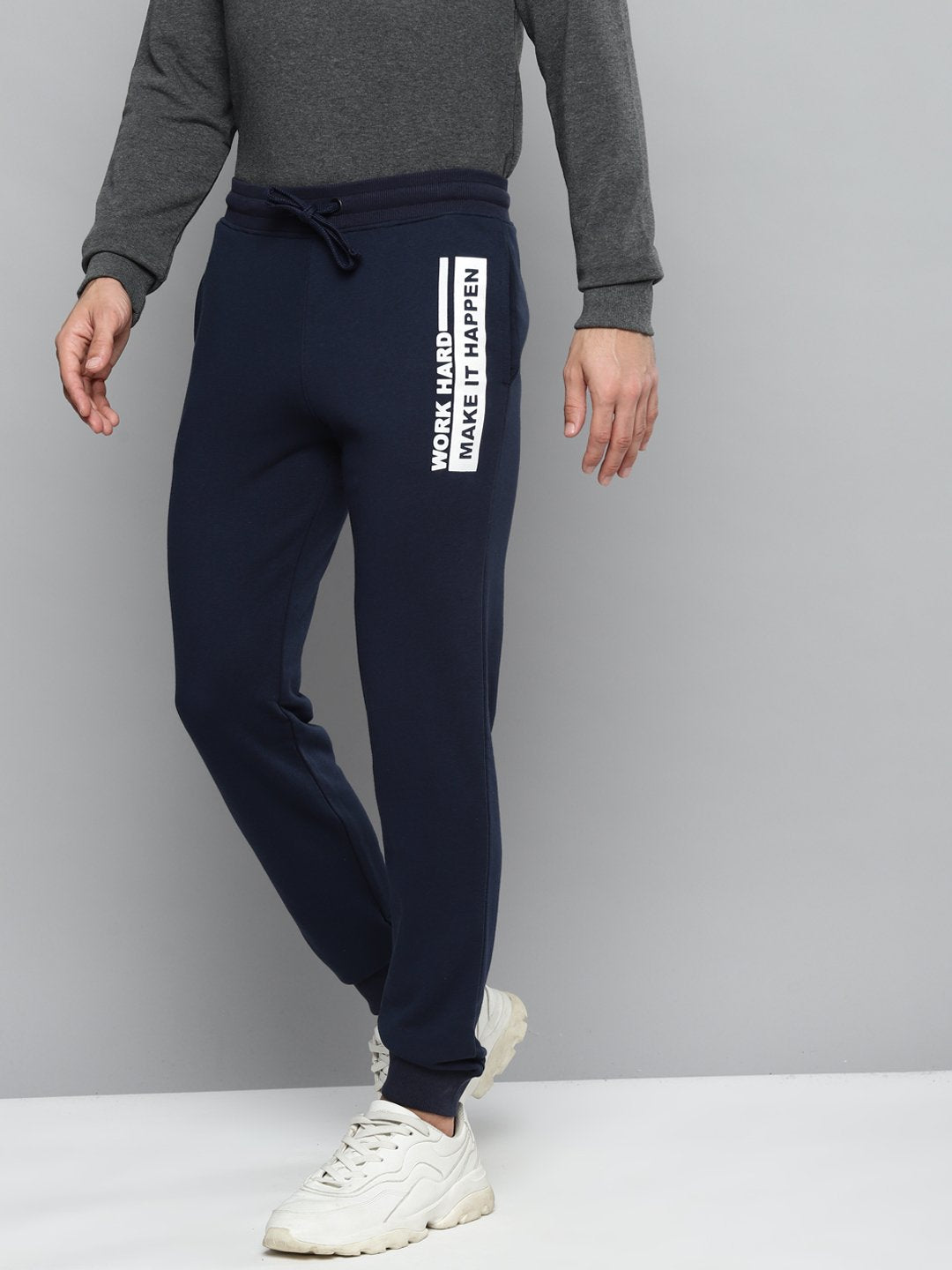 Alcis Men Navy Blue Solid Slim Fit Joggers with Printed Detail