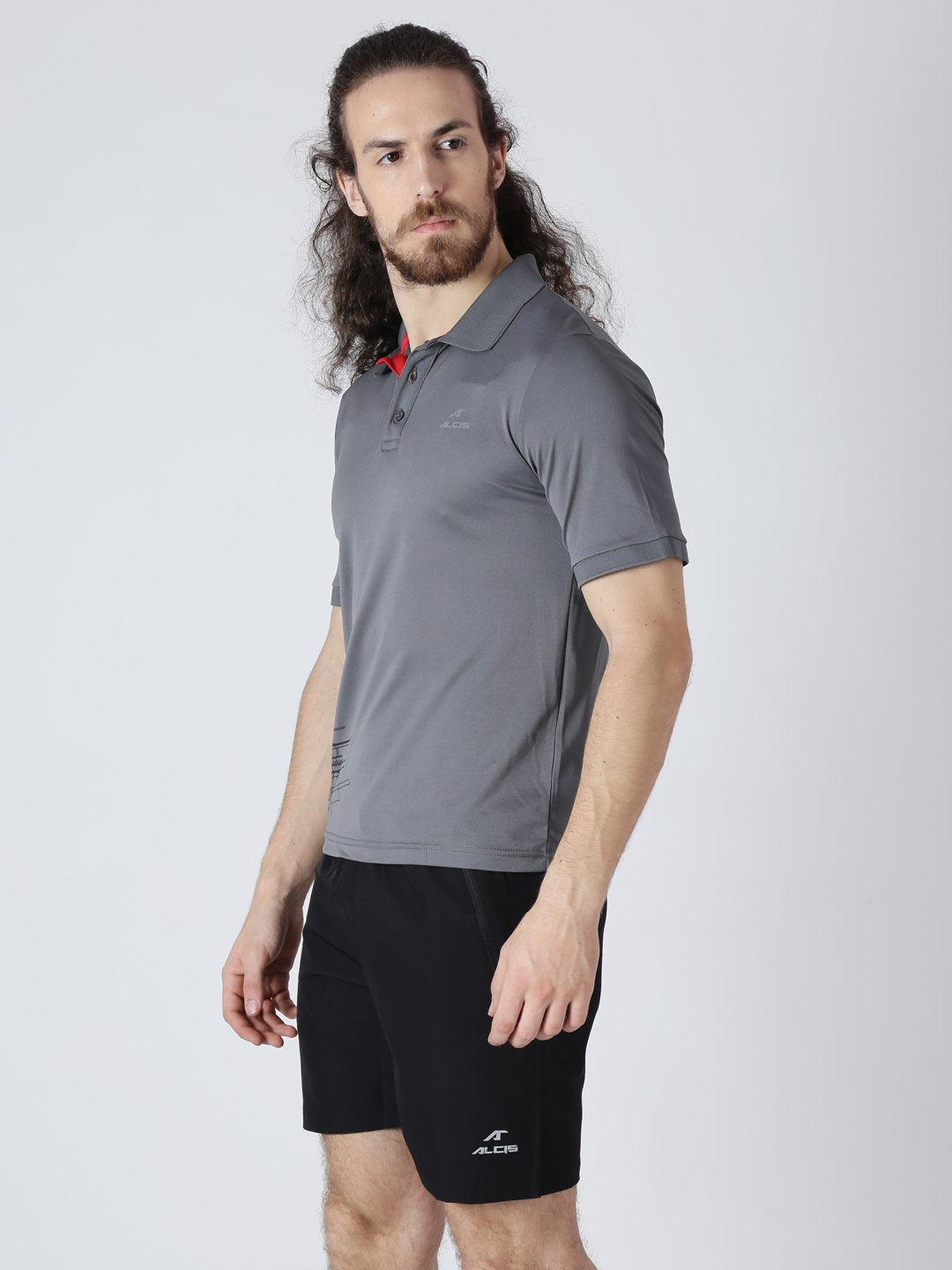 Alcis Men Grey Solid Polo Collar Slim Fit T-shirt
