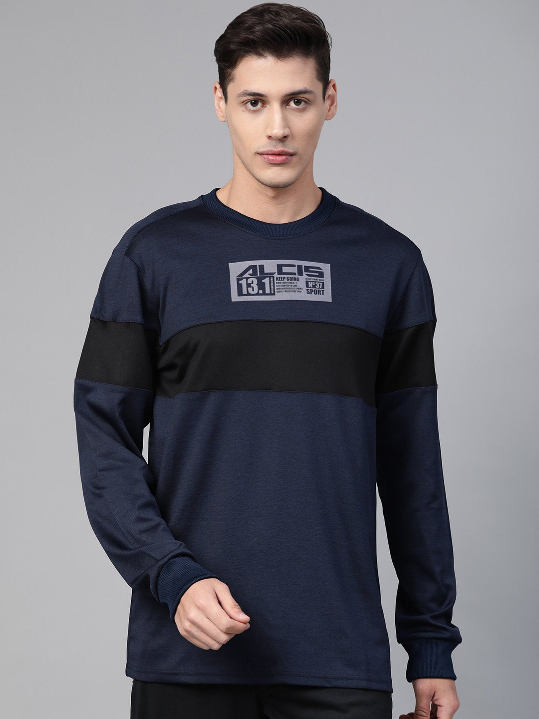 Alcis Men Navy Blue  Black Colourblocked Running Sweatshirt