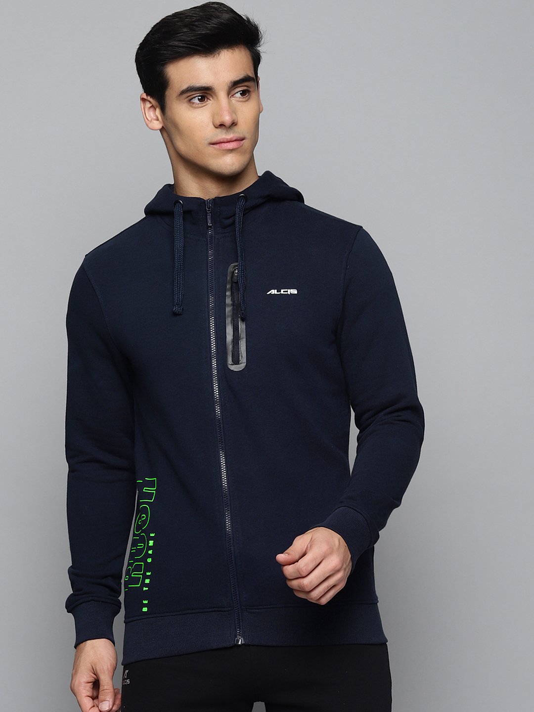 Alcis Men Navy Blue Solid Hooded Sweatshirt with Printed Details