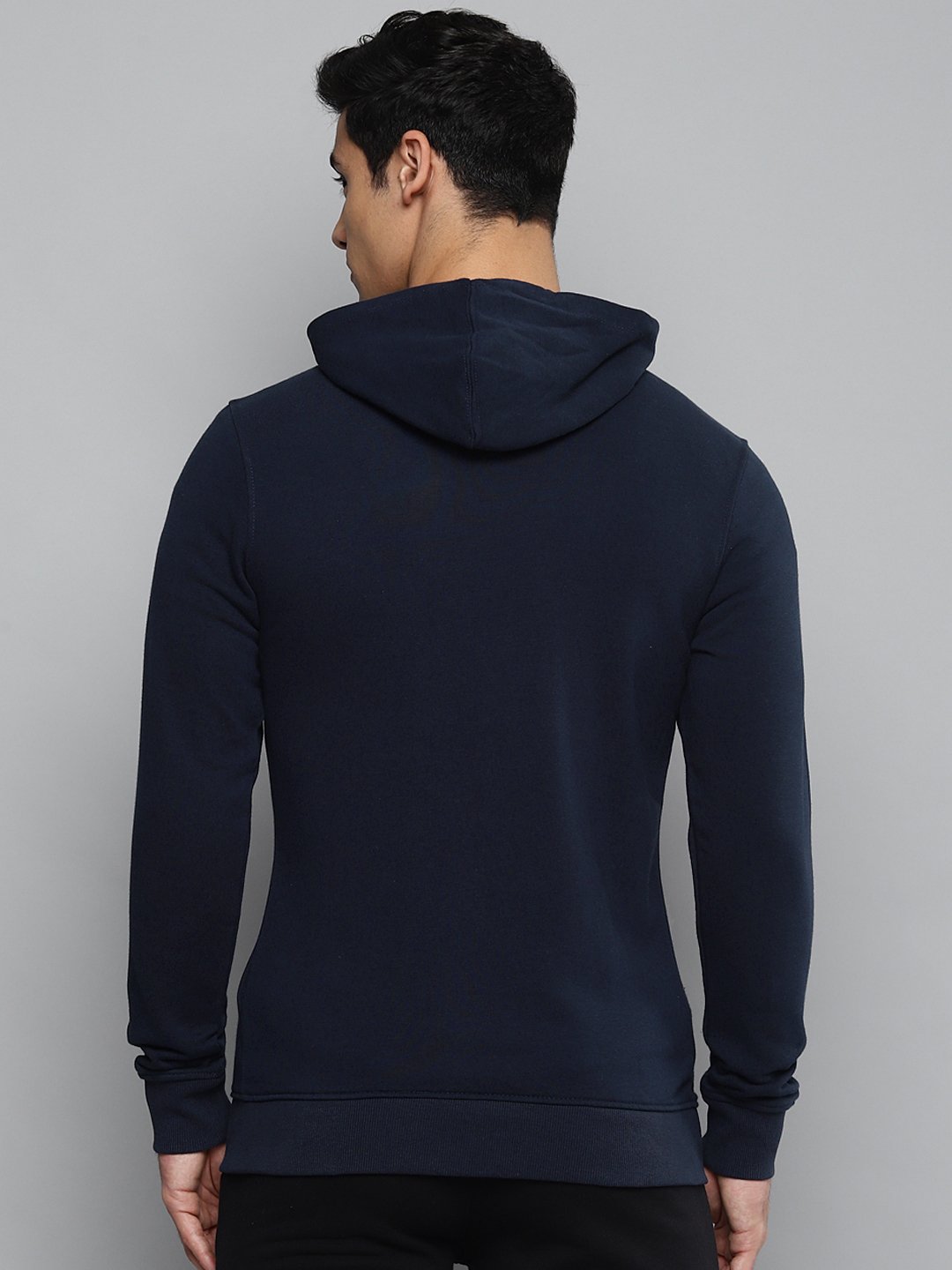 Alcis Men Navy Blue Solid Hooded Sweatshirt with Printed Details