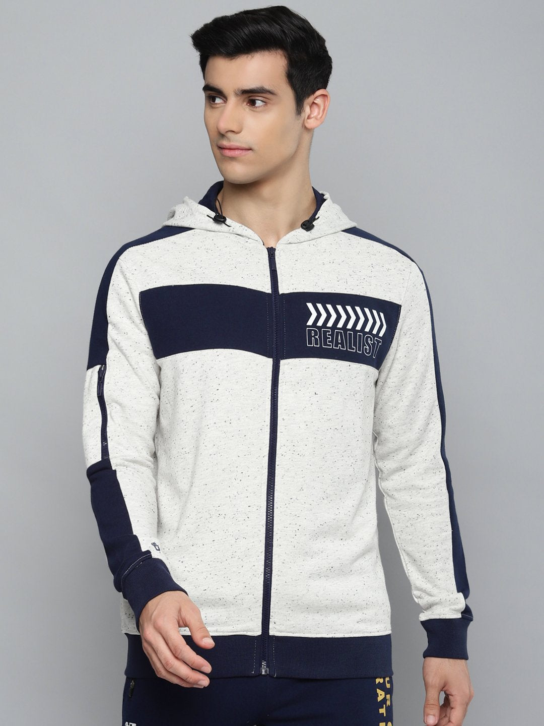 Alcis Men Off-White & Navy Blue Typography Printed Cotton Hooded Sweatshirt