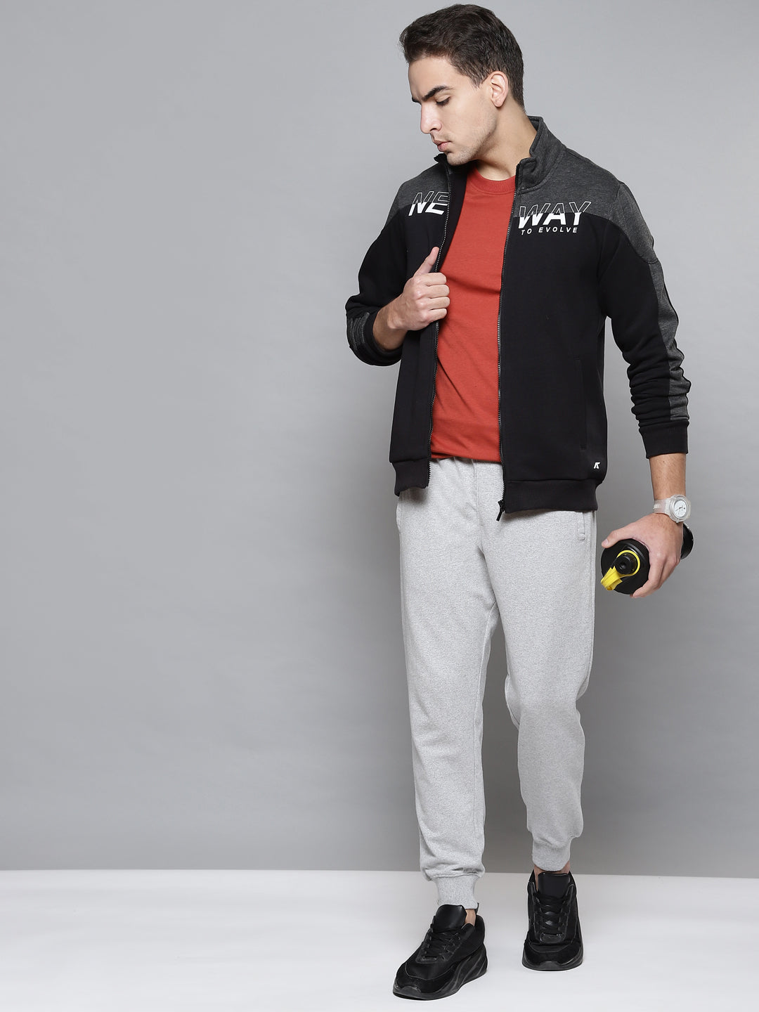 Alcis Men Black Grey Typography Colourblocked Cotton Sporty Jacket