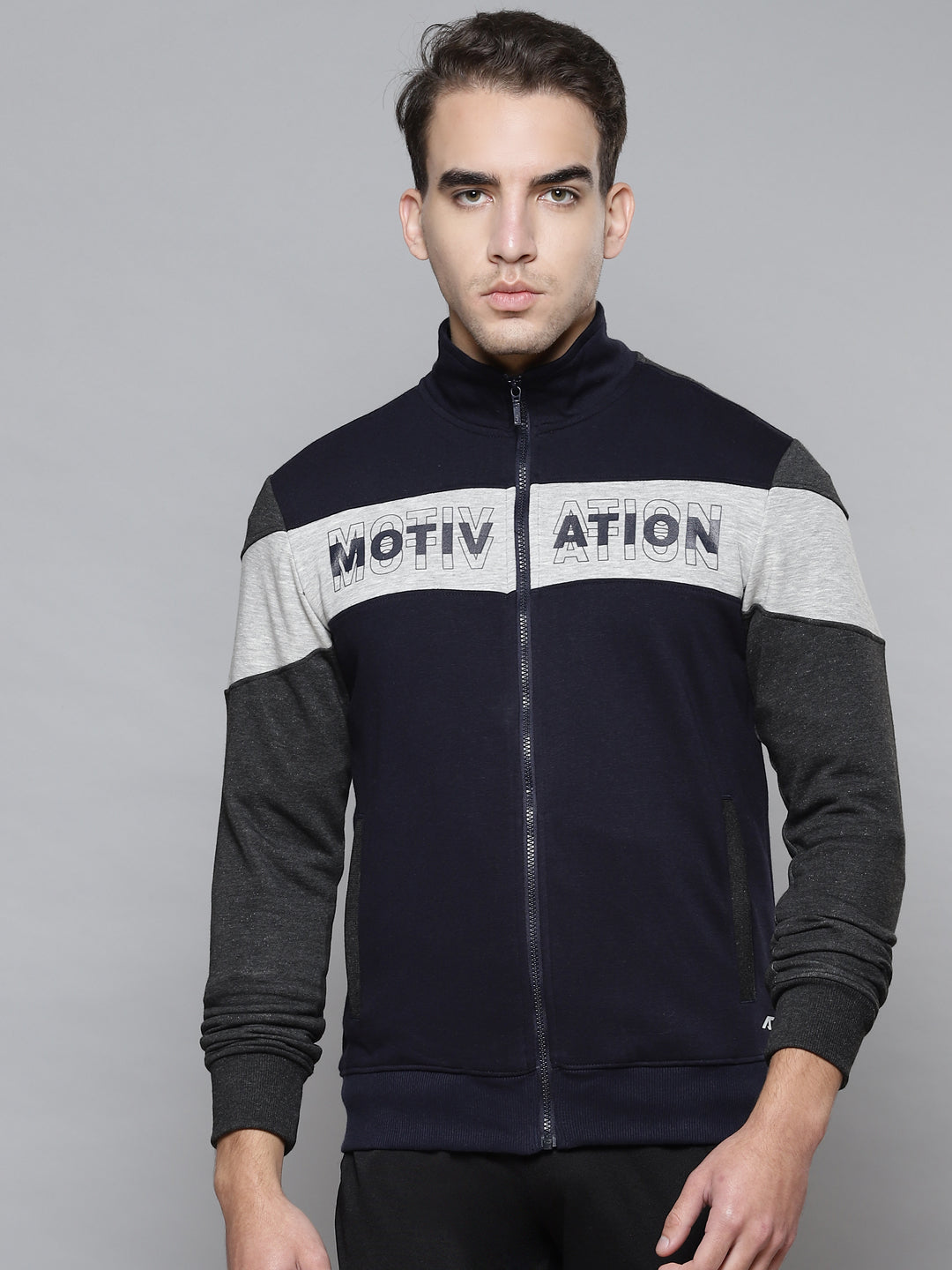 Alcis Men Navy Blue Grey Colourblocked Typography Cotton Sporty Jacket