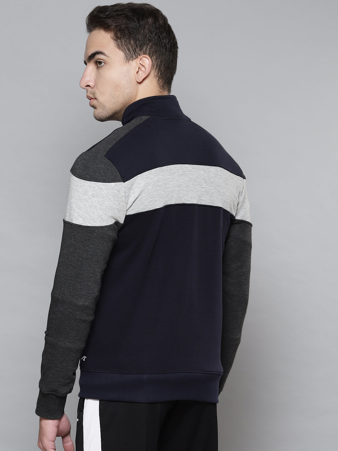 Alcis Men Navy Blue Grey Colourblocked Typography Cotton Sporty Jacket