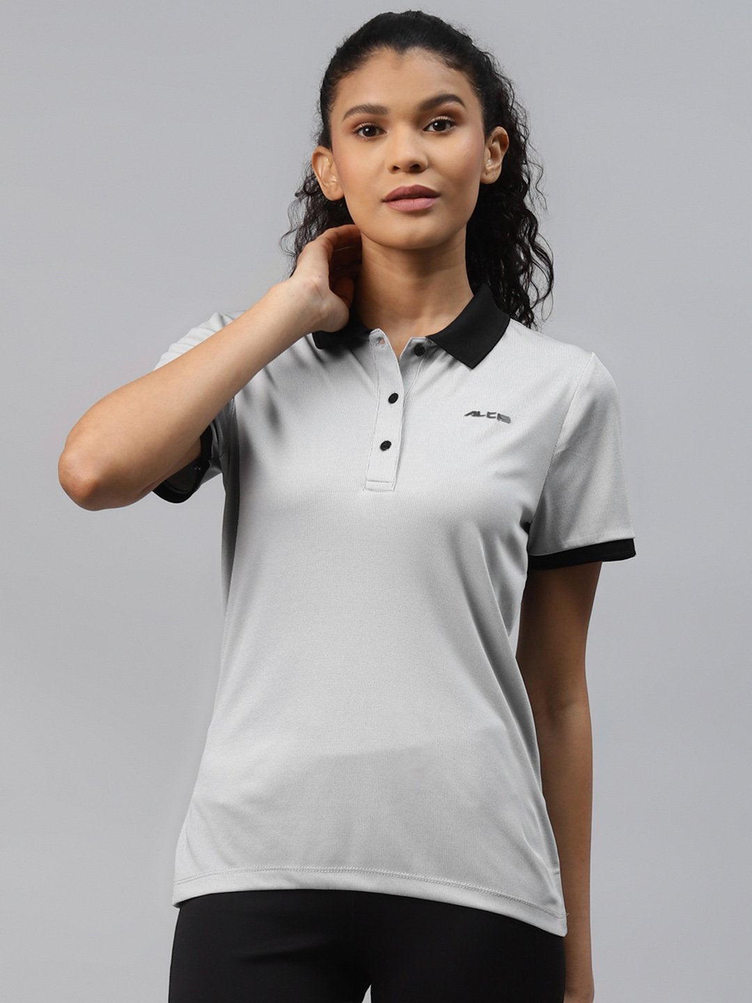 Alcis Women Grey Solid Polo Collar Slim Fit T-shirt