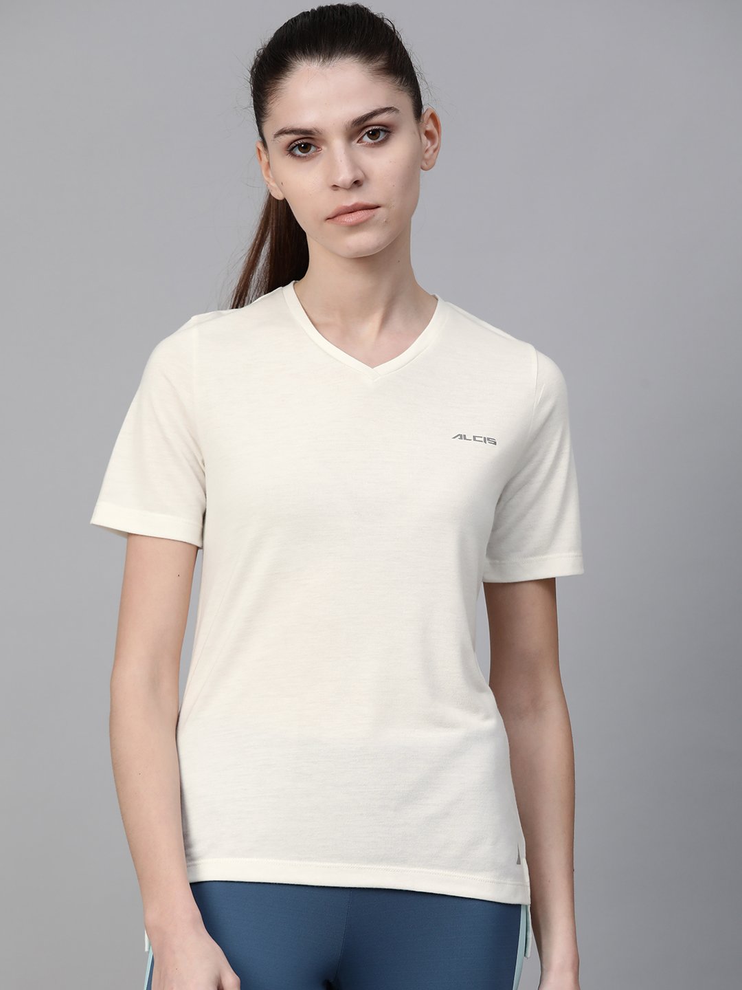 Alcis Women Off-White Solid V-Neck High-Low Training T-shirt