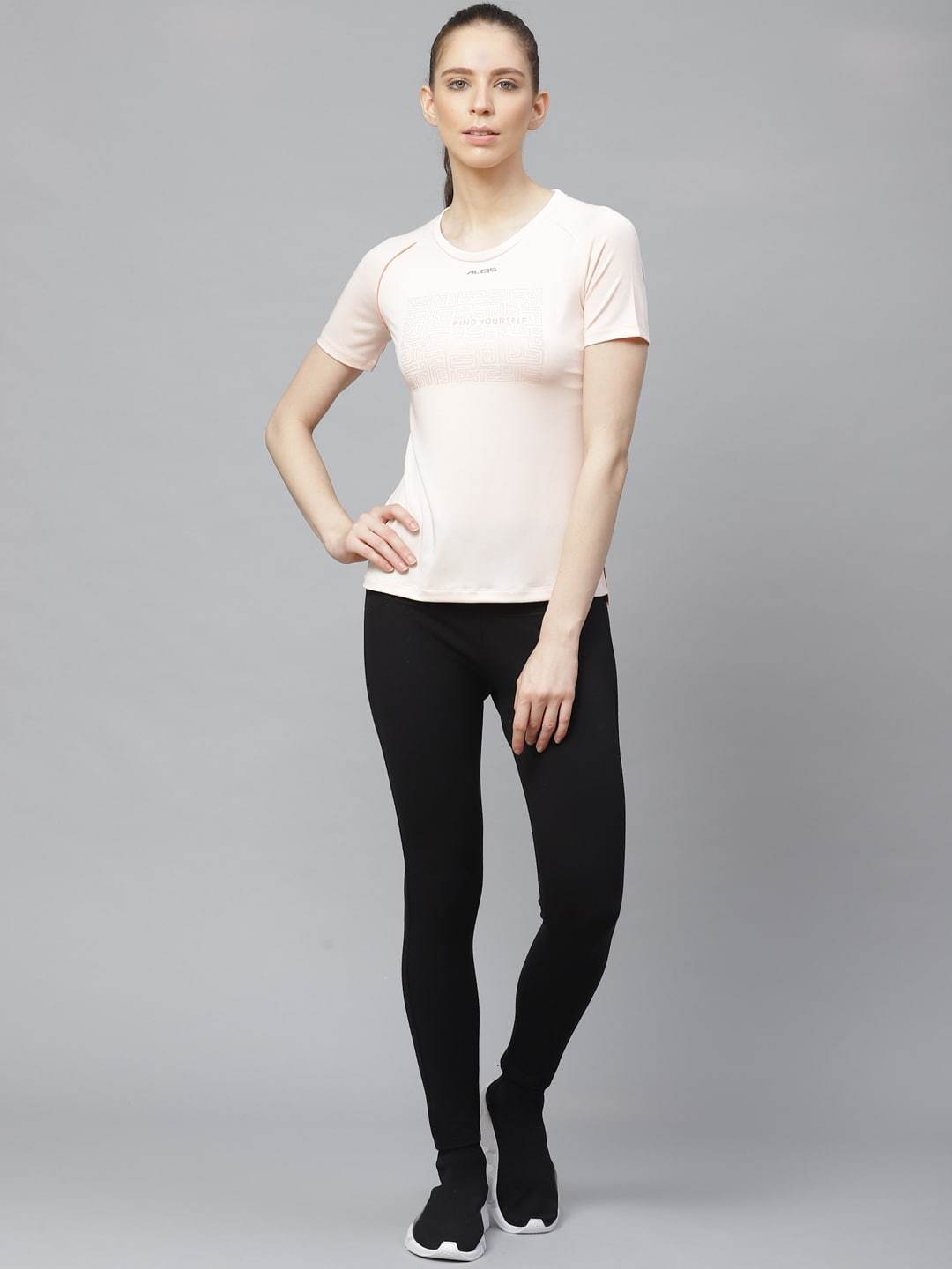 Alcis Women Peach-Coloured Slim Fit Printed Anti-Viral Training T-shirt