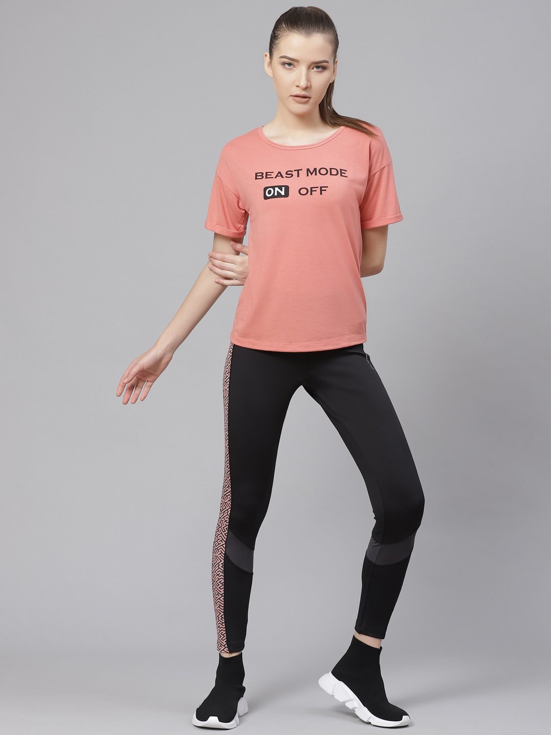 Alcis Women Peach-Coloured Printed Round Neck T-shirt