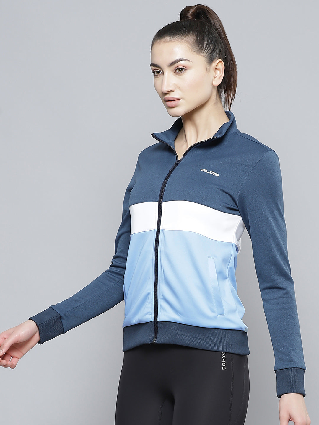 Alcis Women Blue White Colourblocked Polyester Regular Outdoor Sporty Jacket