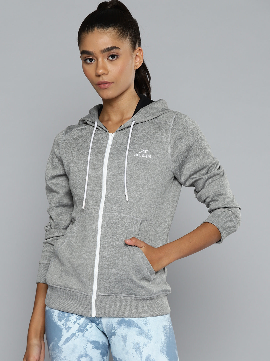 ALCIS Women Grey Melange Solid Brand Logo Embroidered Detail Hooded Sweatshirt