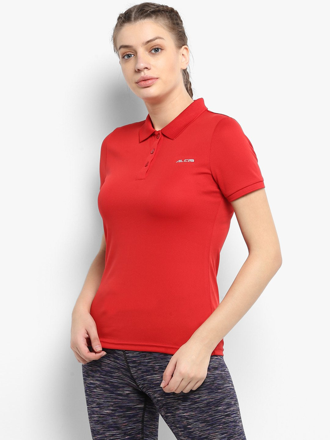 Alcis Women Red Solid Polo Collar T-shirt