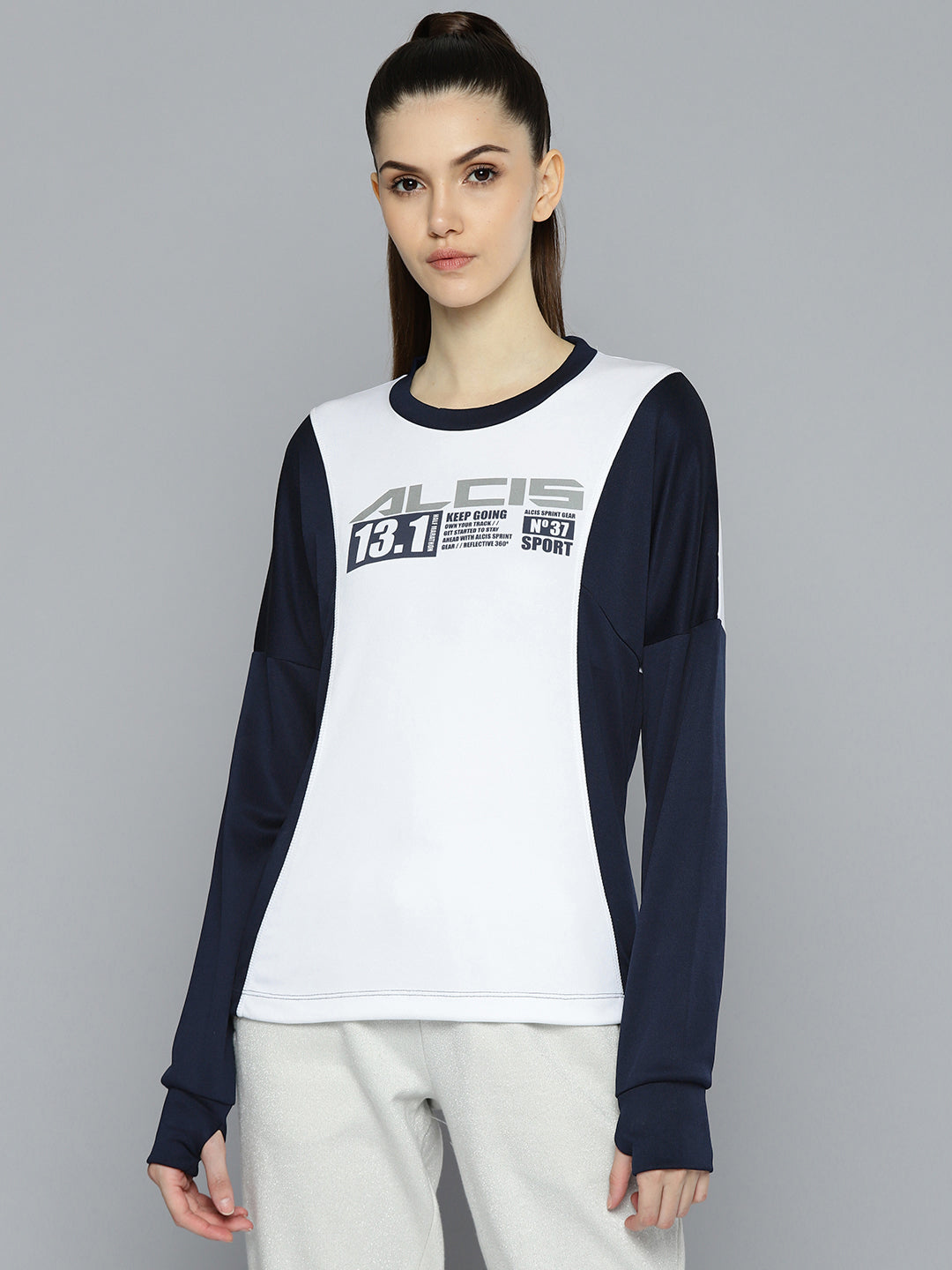 Alcis Women White and Navy Blue Brand Logo Printed Sweatshirt