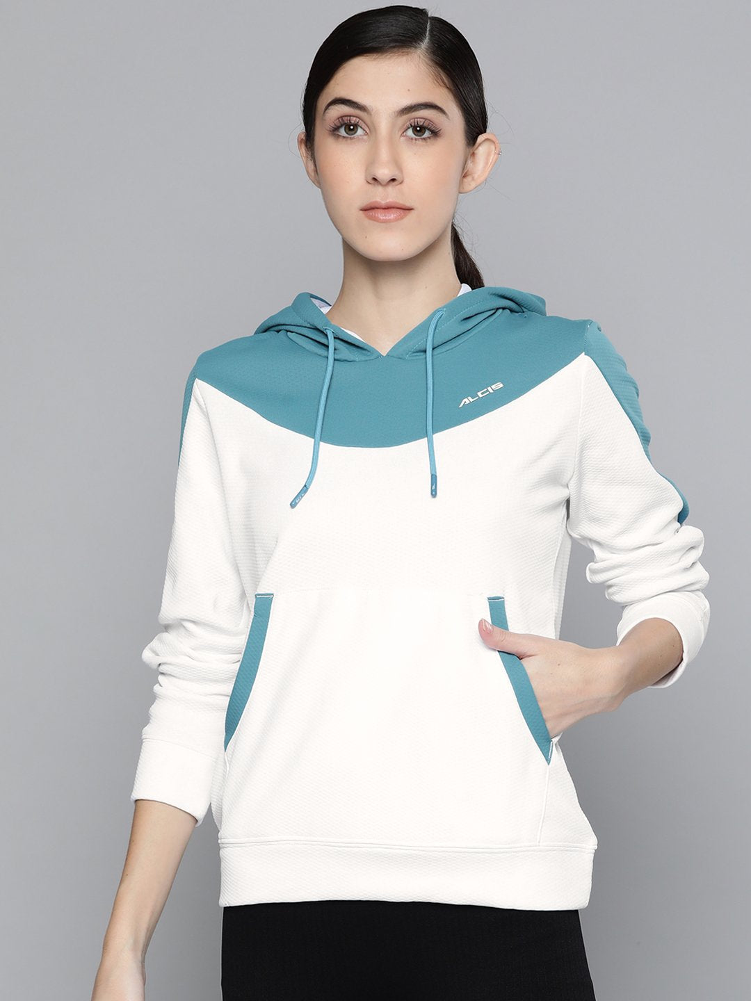 Alcis Women White & Blue Colourblocked Hooded Sweatshirt