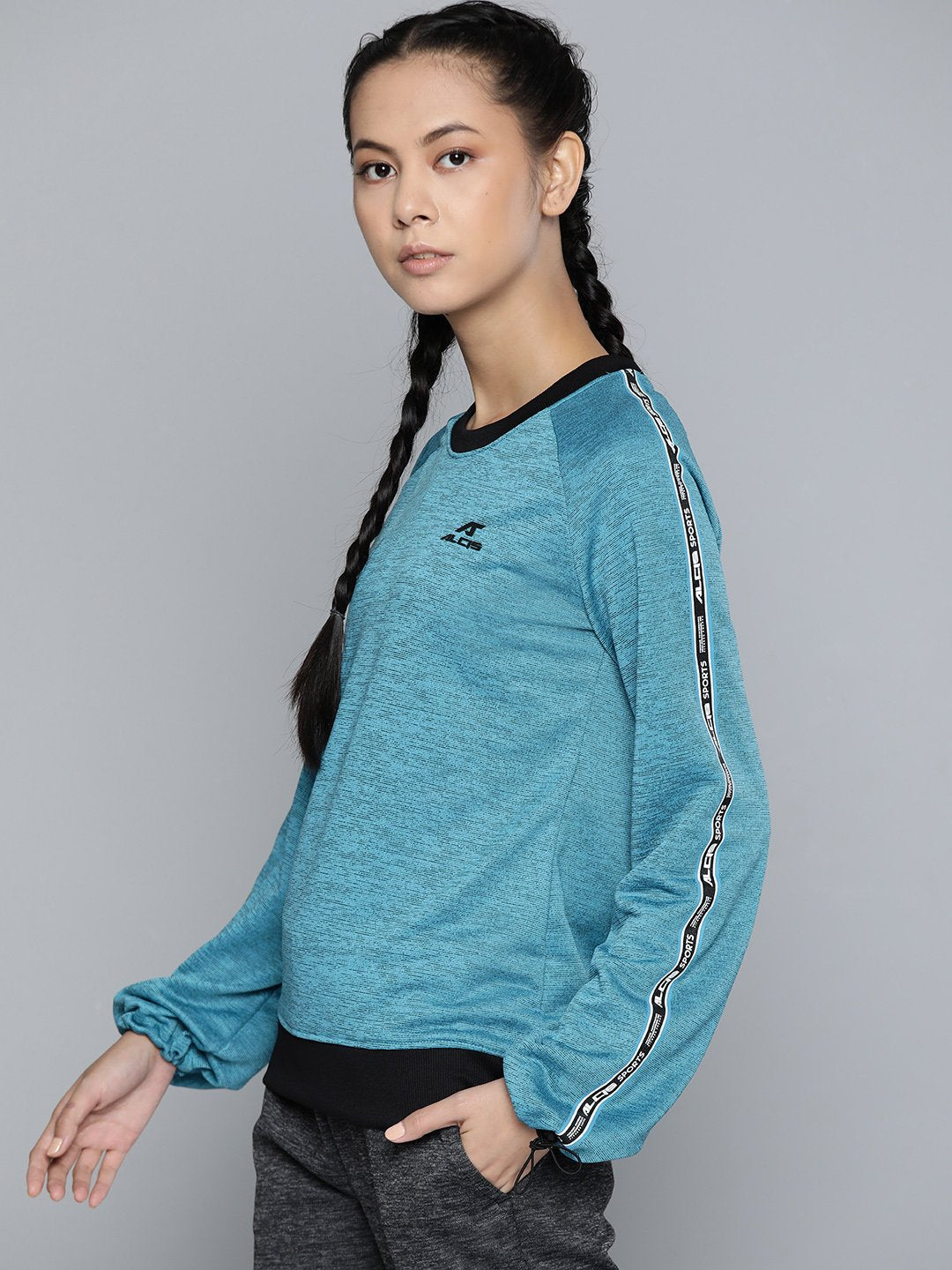 Alcis Women Teal Blue  Black Self-Design Sweatshirt