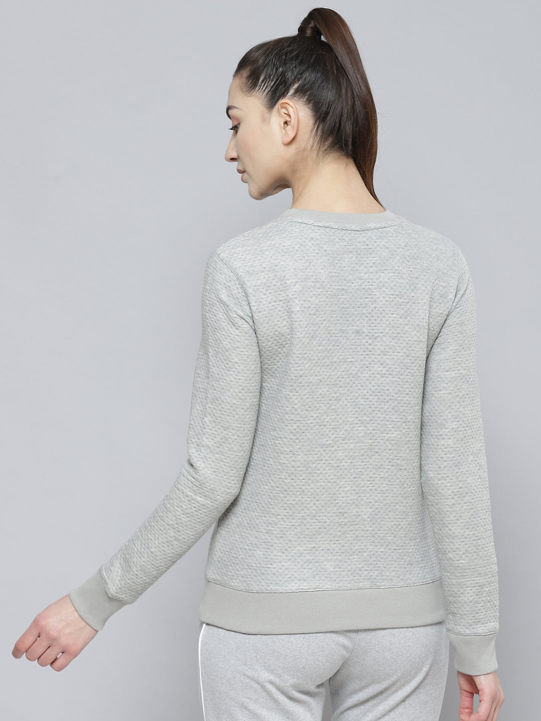 Alcis Women Grey Melange Typography Printed Textured Applique Sweatshirt