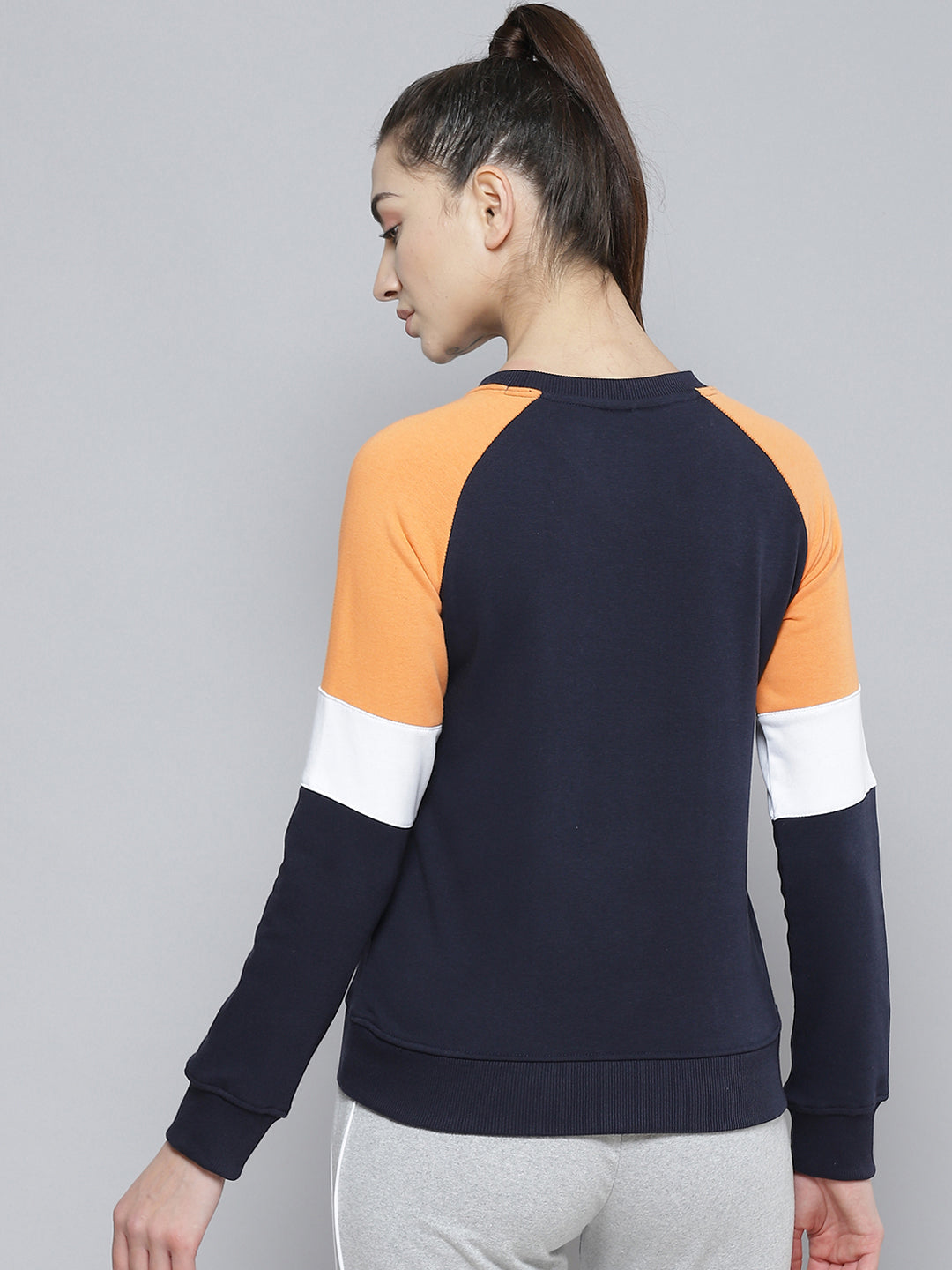 Alcis Women Navy Blue Orange Colourblocked Cotton Sweatshirt with Side Applique Prints