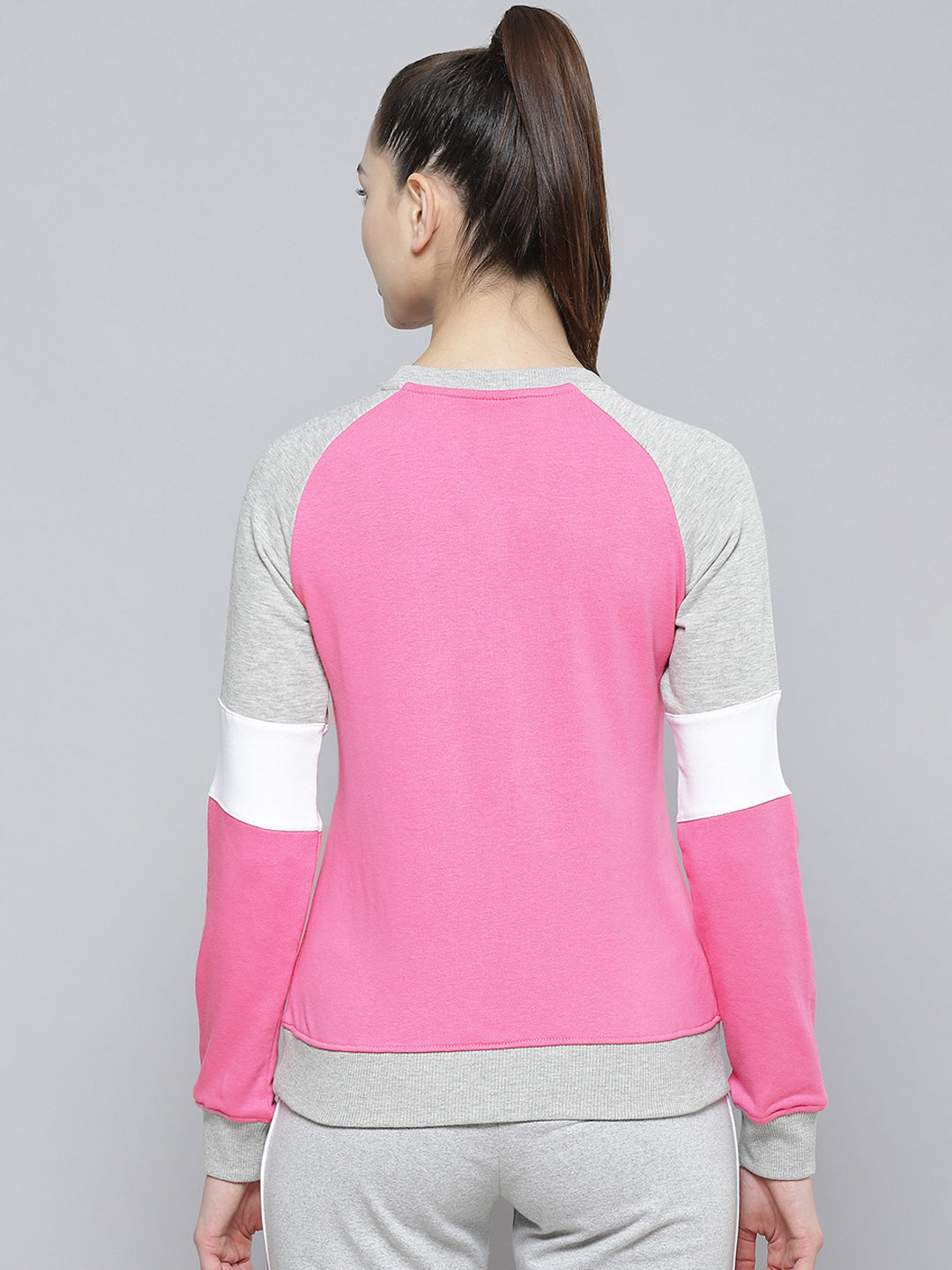 Alcis Women Pink Grey Melange Colourblocked Cotton Sweatshirt with Side Applique Prints