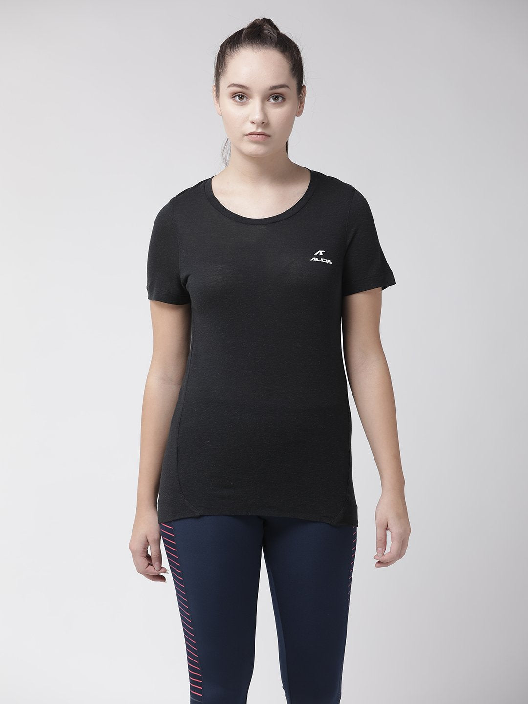 Alcis Women Black Solid Round Neck T-shirt