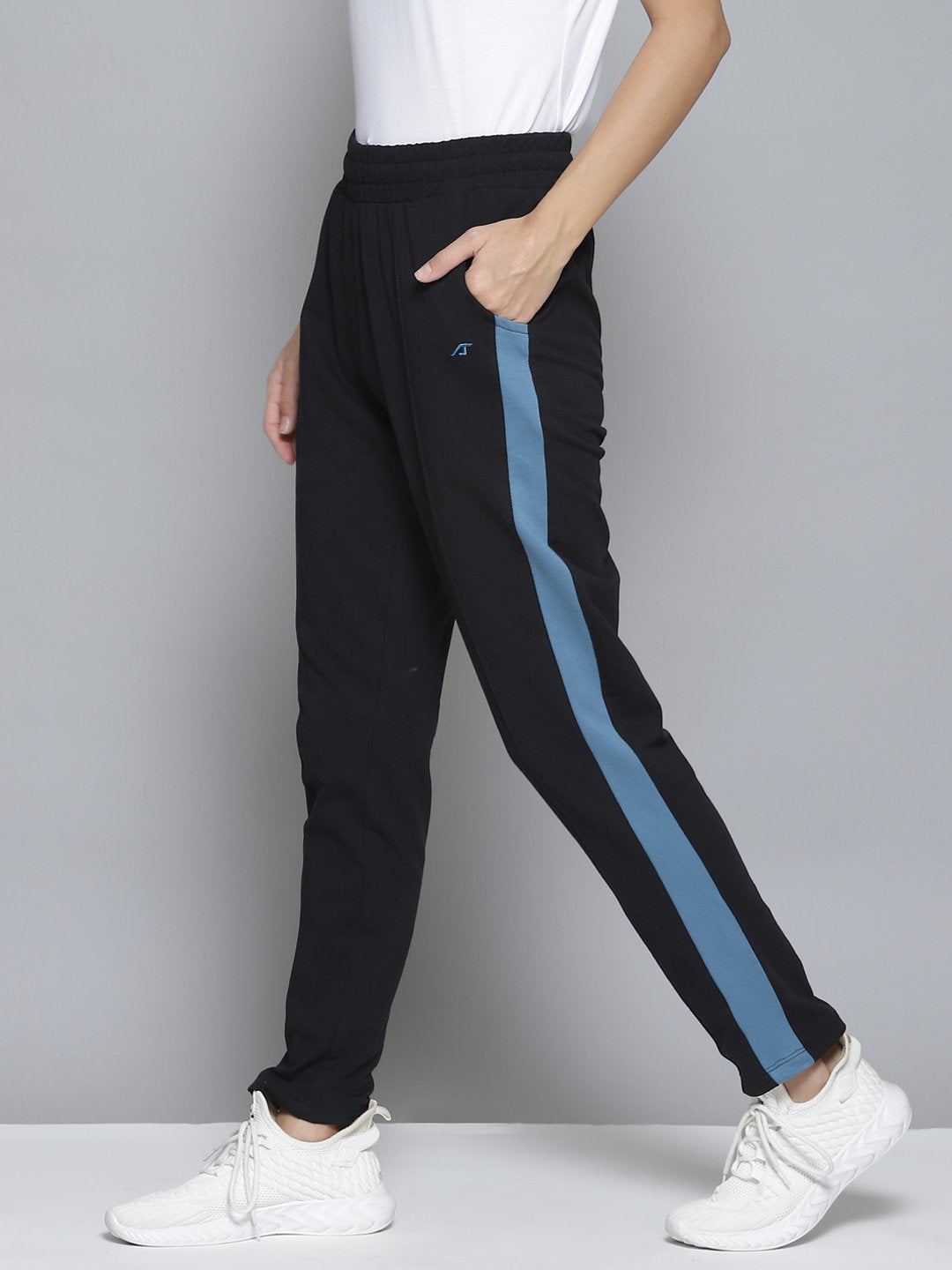 Alcis Women Black & Blue Striped Slim-Fit Track Pants