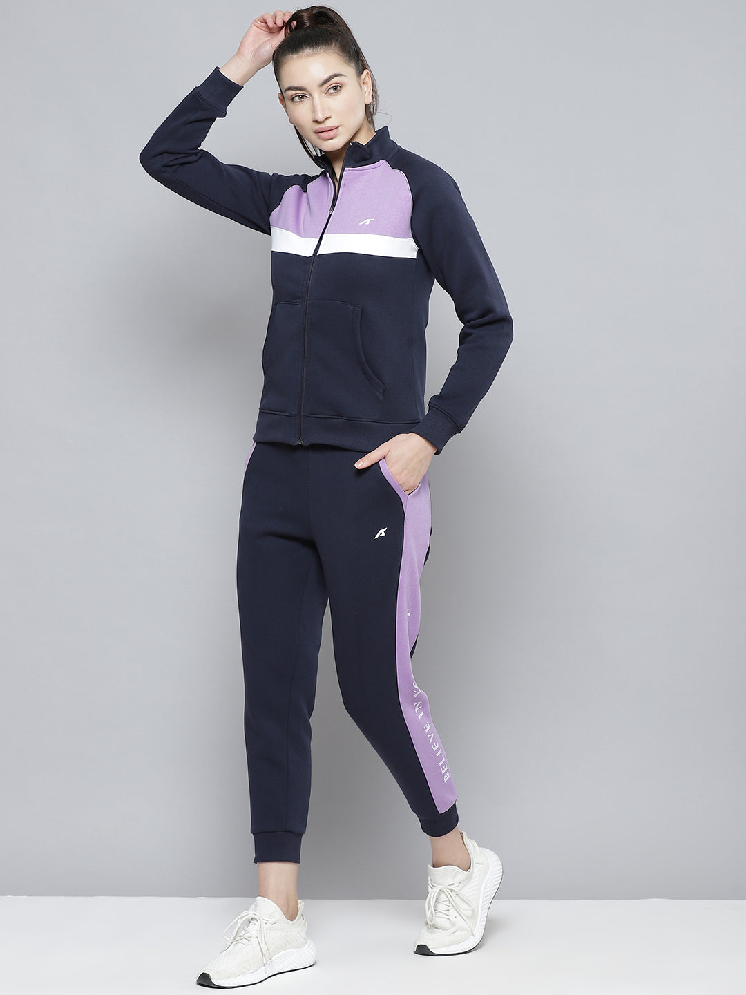 Alcis Women Navy Blue Lavender Solid Knitted Tracksuit with Side Stripes