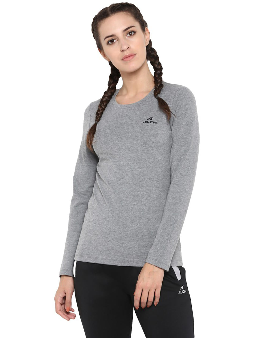 Alcis Women Grey Solid Round Neck T-shirt ADRILST0B13-S