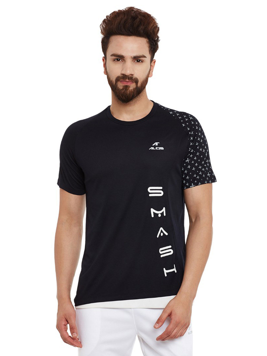 Alcis Men Black Printed Round Neck Tennis Pro T-shirt AKTNMTE0320079-S