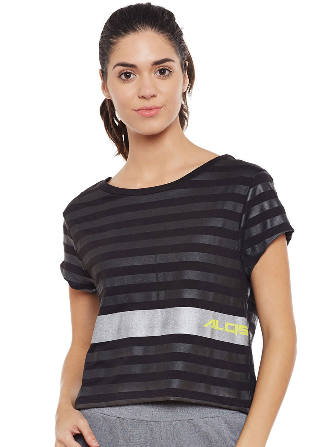 Alcis Women Black Striped Round Neck Sports T-shirt AKTRWTE1180303 AKTRWTE1180303-S