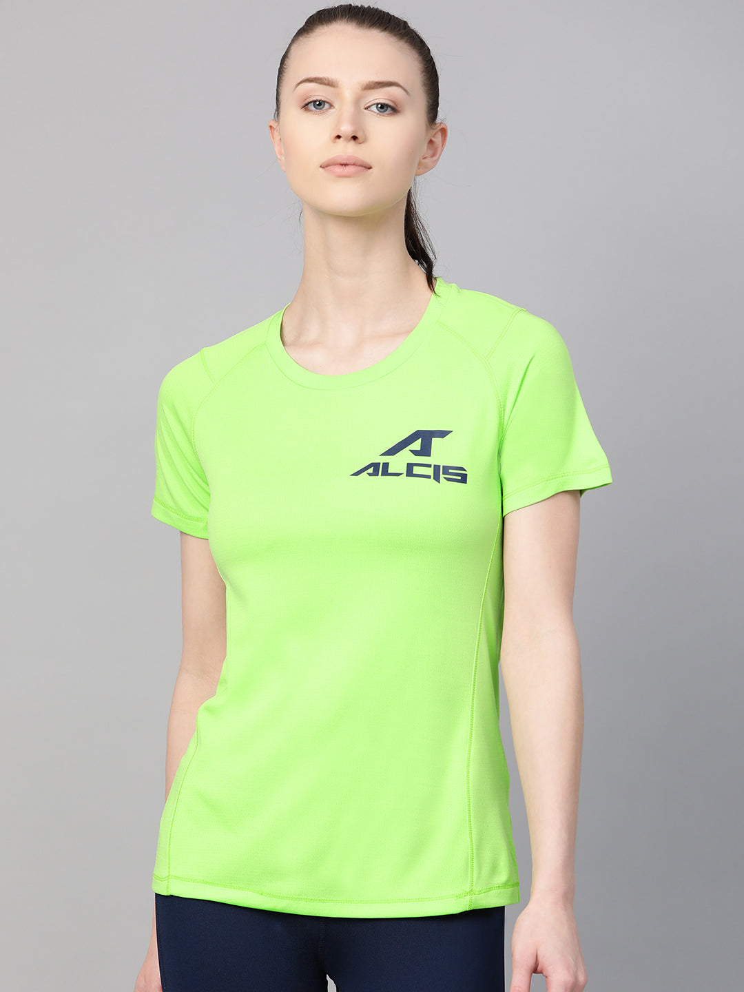 Alcis Women Fluorescent Green Navy Blue Printed Back Round Neck T-shirt ALCISMRTW002-XXS