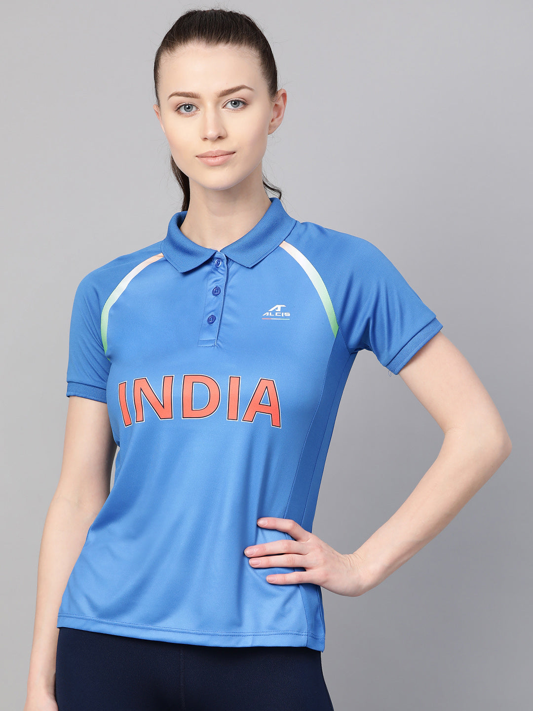 Alcis Women Blue Orange Team India Print Polo Collar T-shirt ALINDCNWPL0301-XS