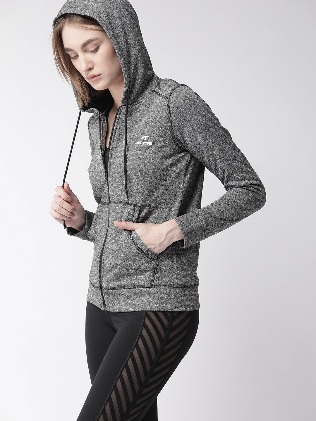 Alcis Women Charcoal Grey Self Design Hooded Sporty Jacket ALWHD02001-S