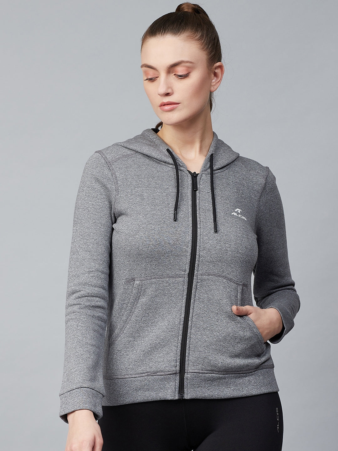 Alcis Women Grey Solid Hooded Front-Open Sweatshirt ALWHD04001-S