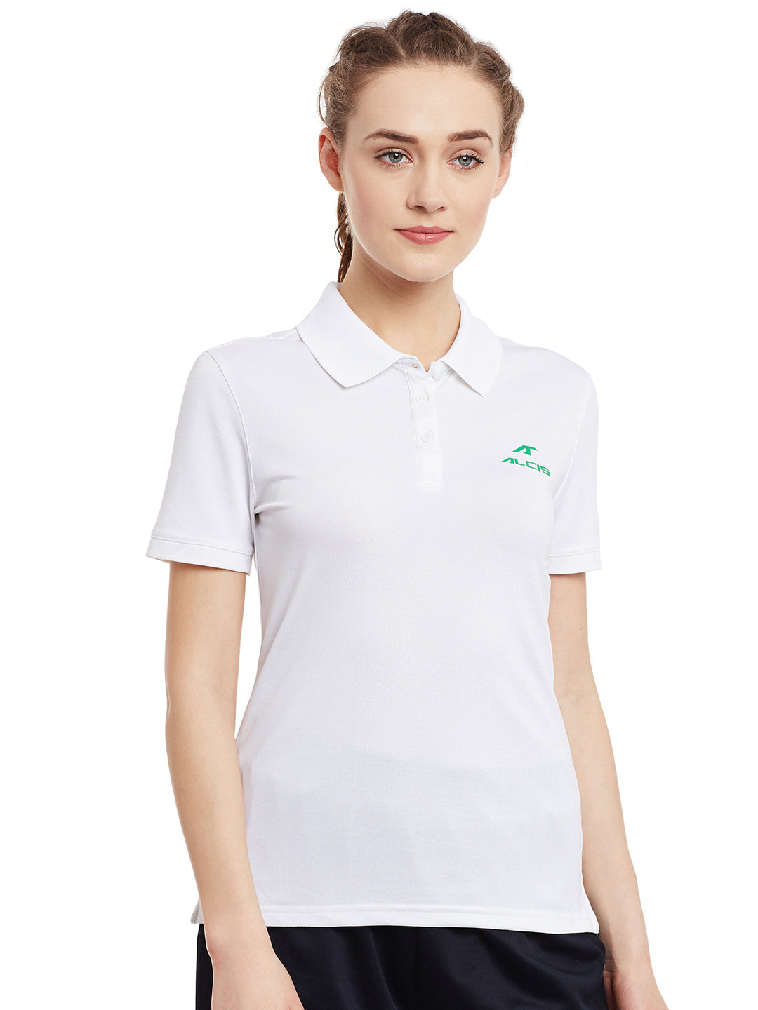 Alcis Women White Solid Slim Polo Collar T-shirt ALWPO001001-S