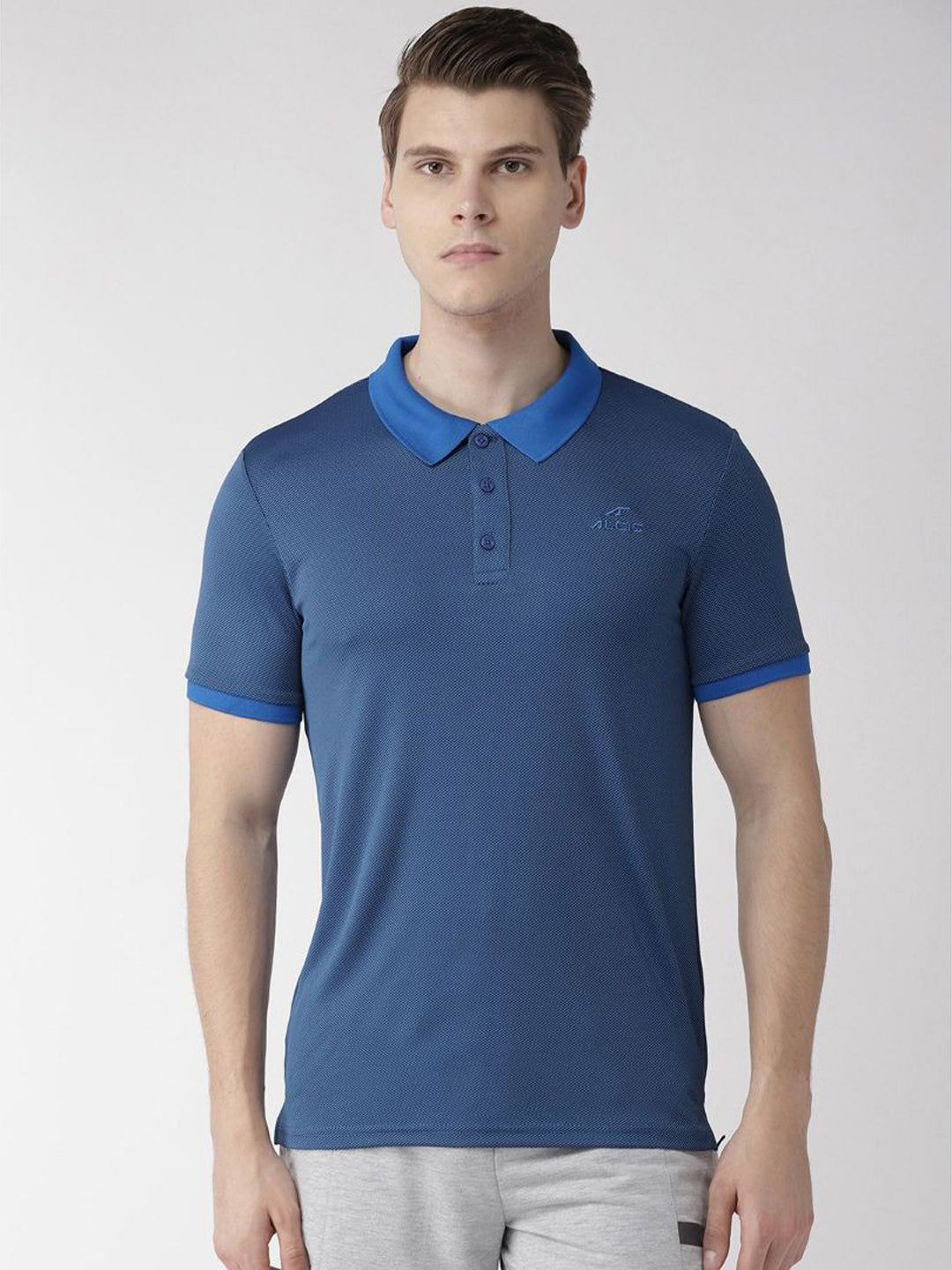 Alcis Men Blue Black Slim Fit Self Design Polo Collar T-shirt ANPMJACQ022-S