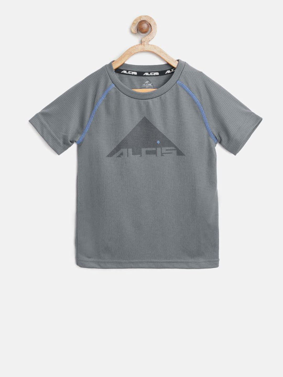 Alcis Boys Charcoal Grey Self-Checked Slim Fit Round Neck T-shirt BTE8143-4