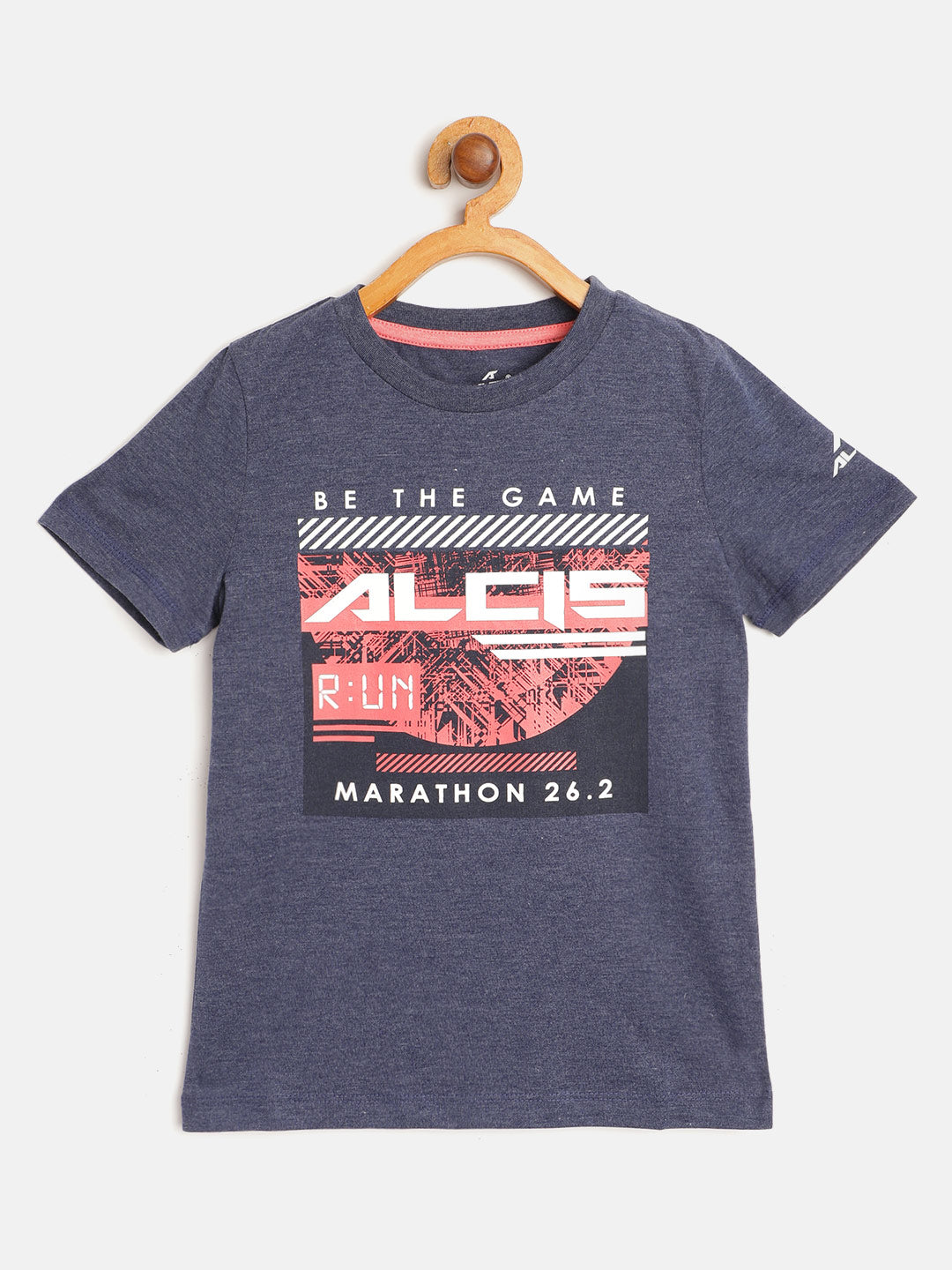 Alcis Boys Navy Blue & Coral & Red Brand Logo Print Round Neck T-shirt BTESS1061-4Y