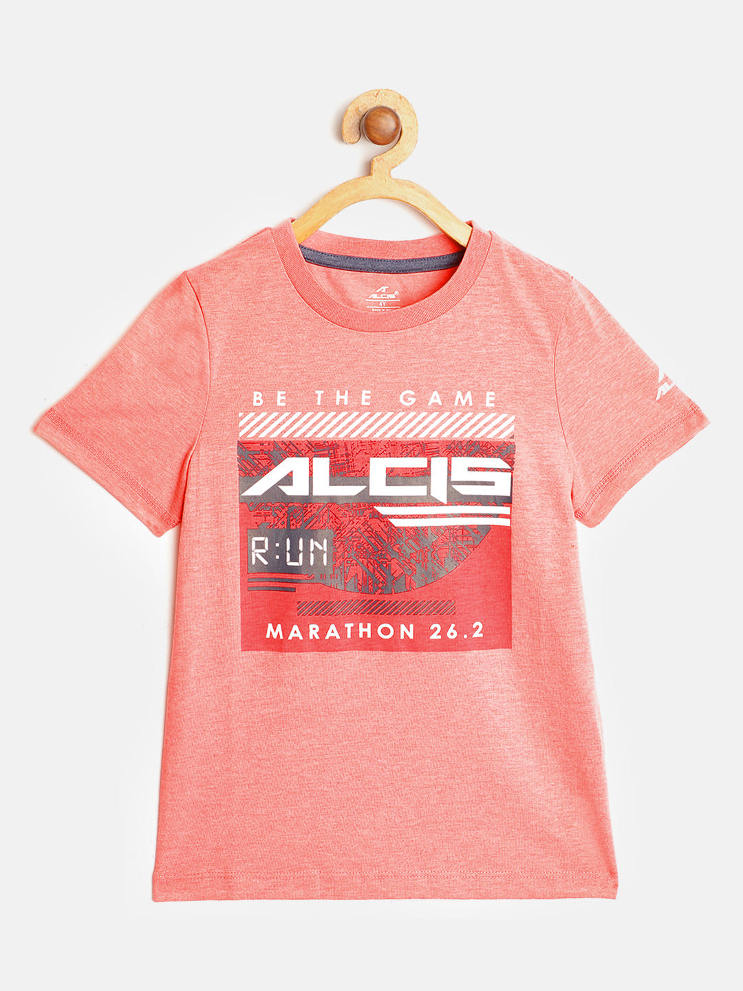 Alcis Boys Peach-Coloured & Red Brand Logo Print Round Neck T-shirt BTESS1062-4Y
