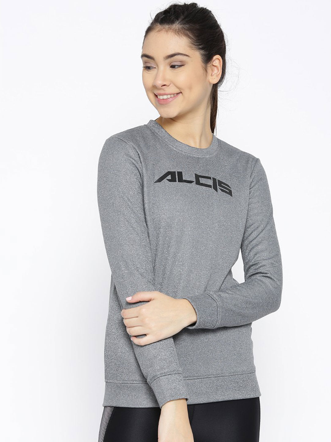 Alcis Women Grey Melange Solid Sweatshirt ECJBWSS0012-XS