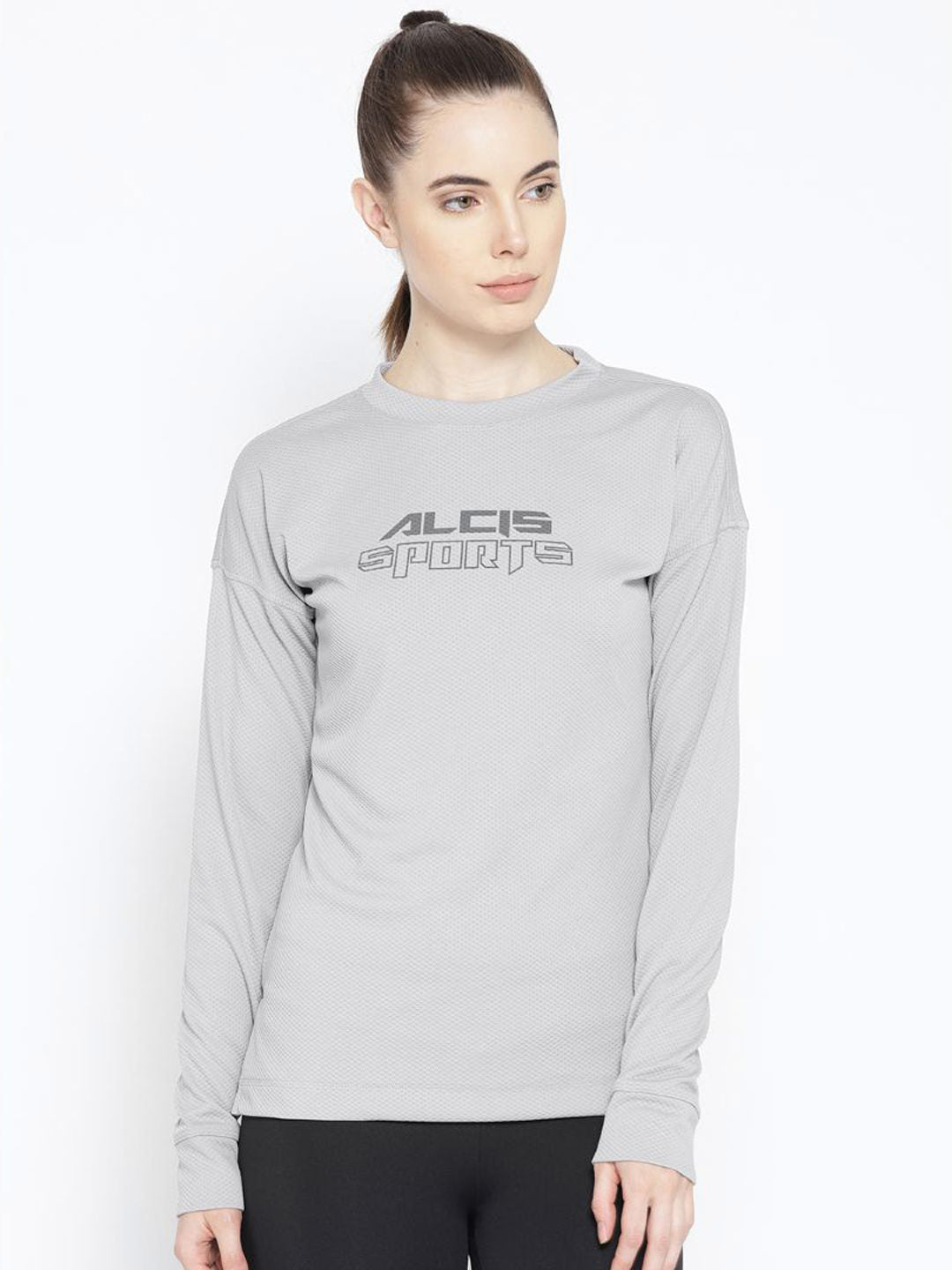 Alcis Women Grey Self Design Round Neck T-shirt ECMJBWSS0021-XS