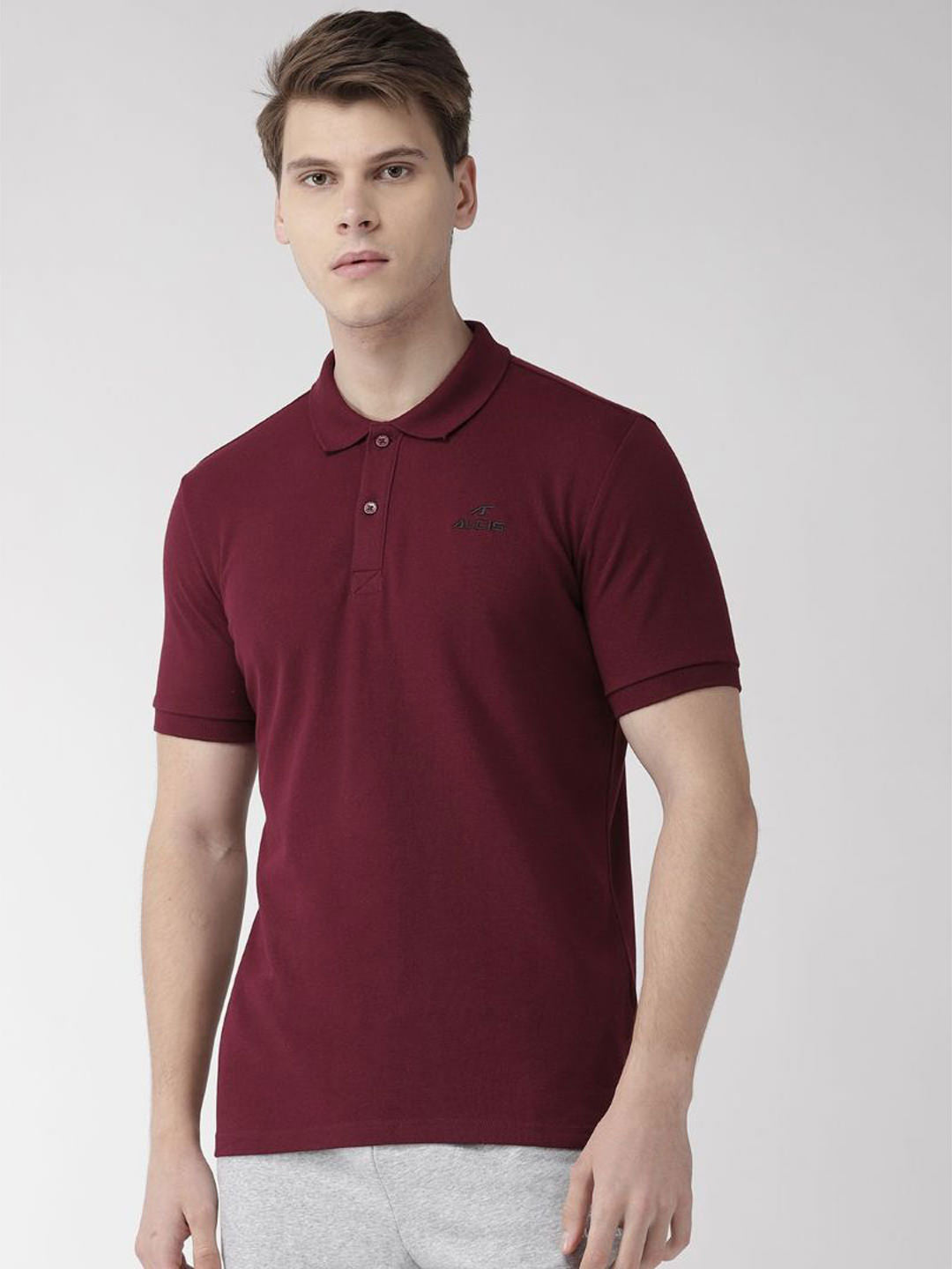 Alcis Men Burgundy Solid Polo Collar T-shirt ECMPO00132-S