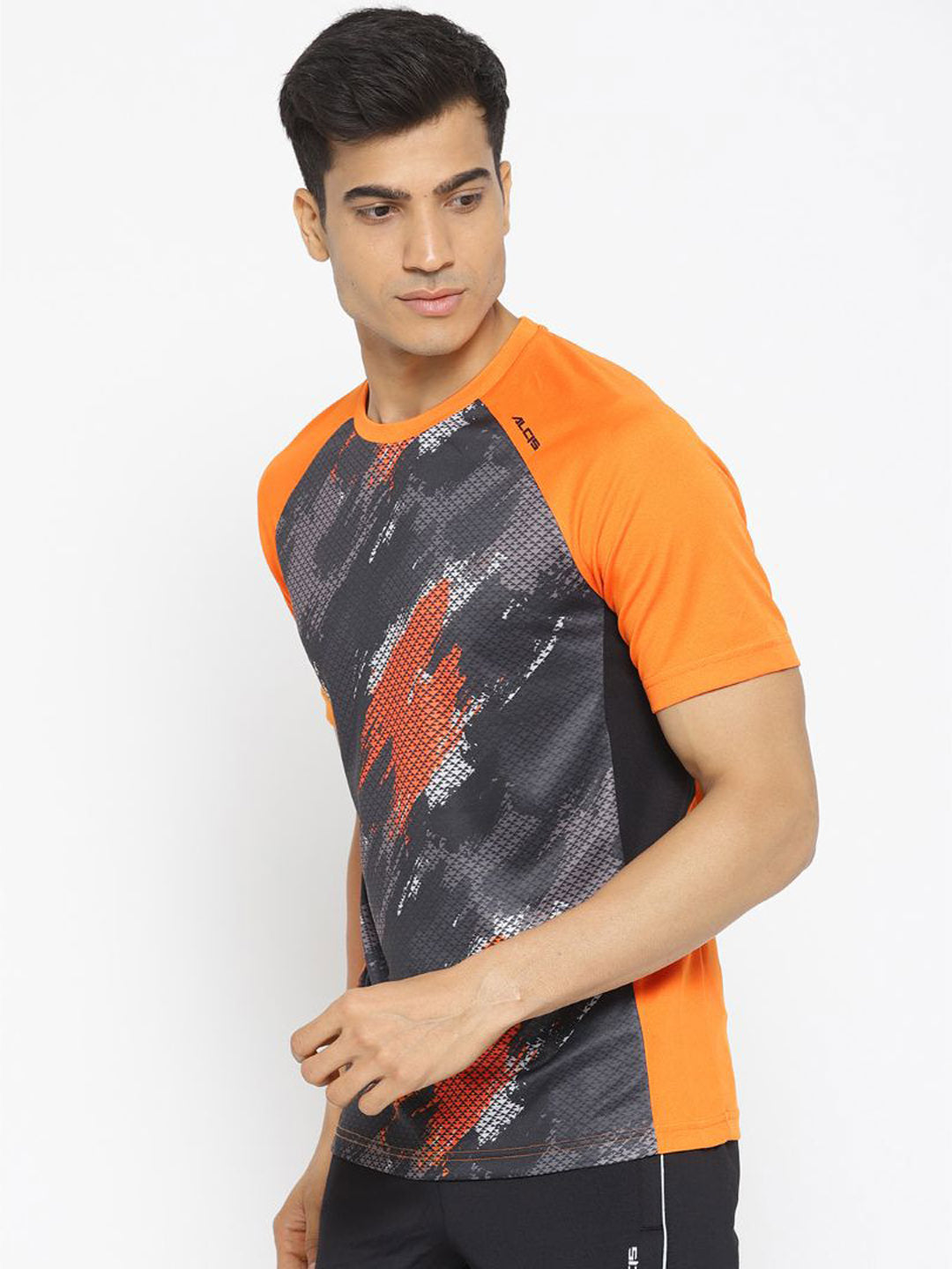 Alcis Men Orange  Charcoal Grey Printed Round Neck Training T-shirt