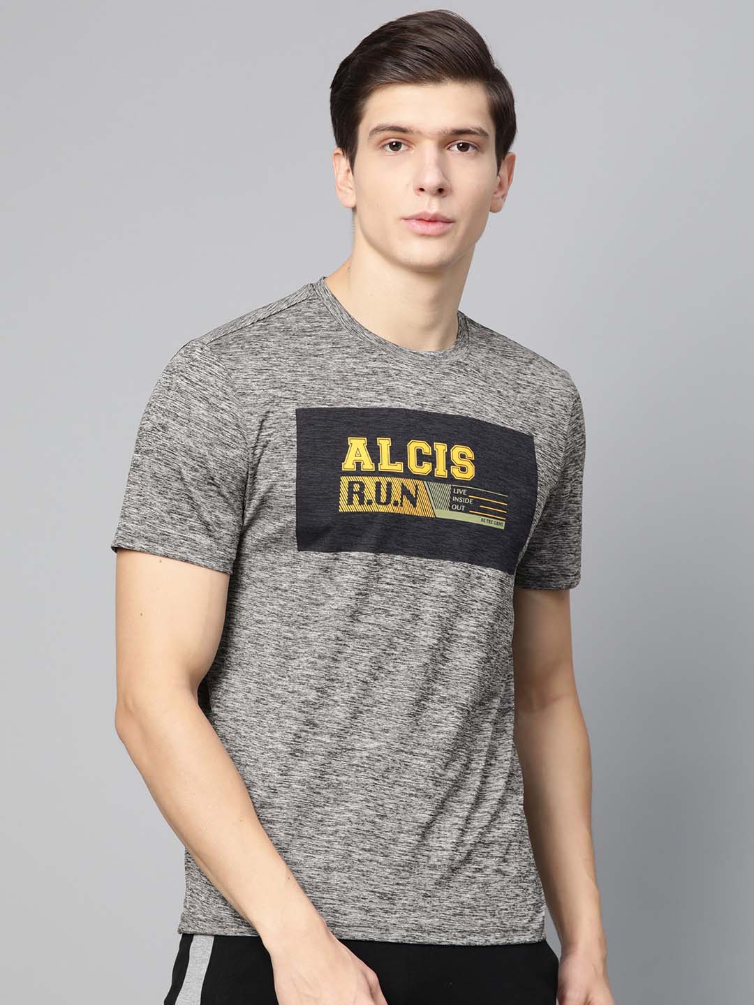 Alcis Men Grey  Black Printed Round Neck T-shirt