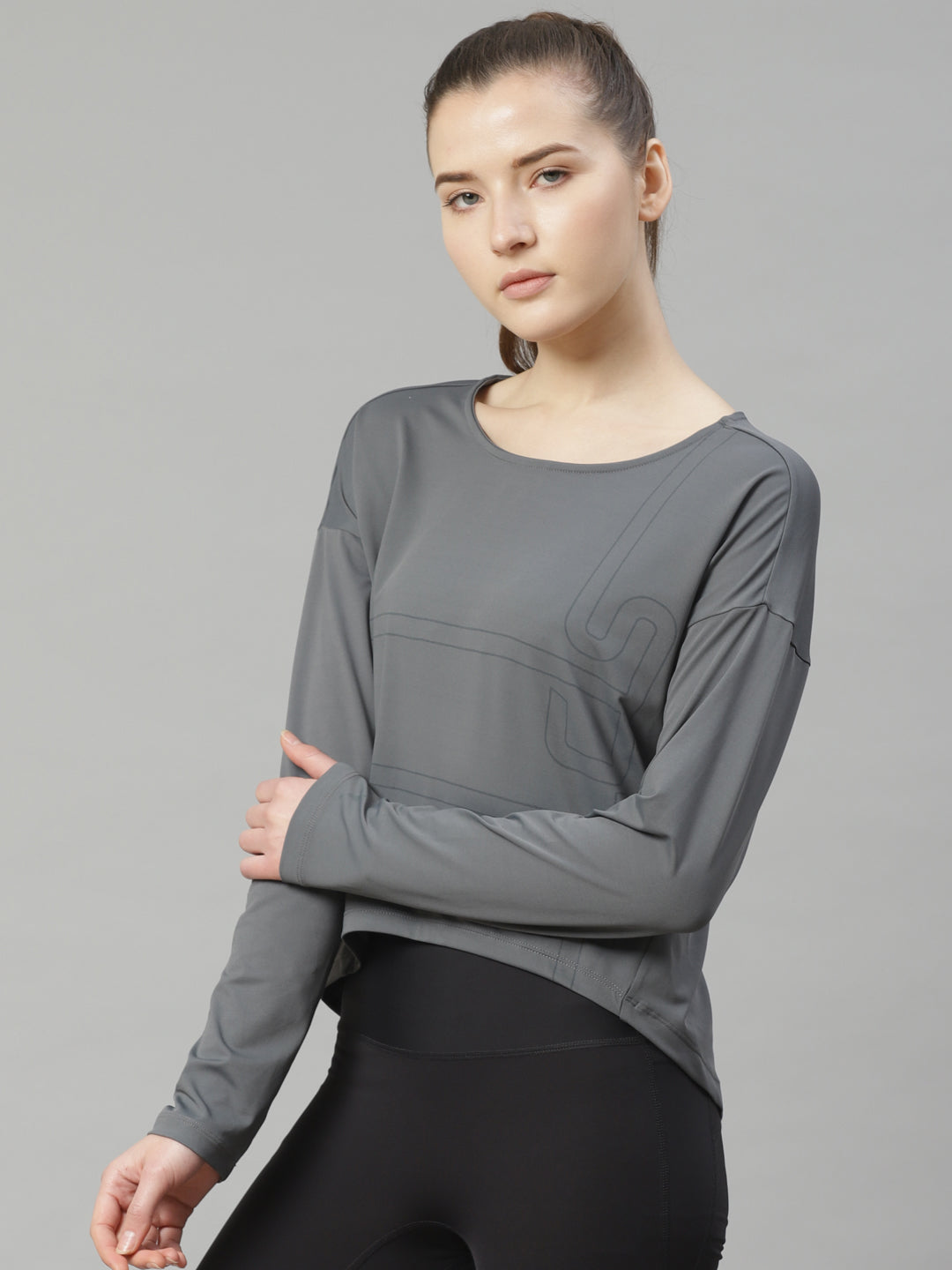 Alcis Women Grey Striped Slim Fit Round Neck T-shirt