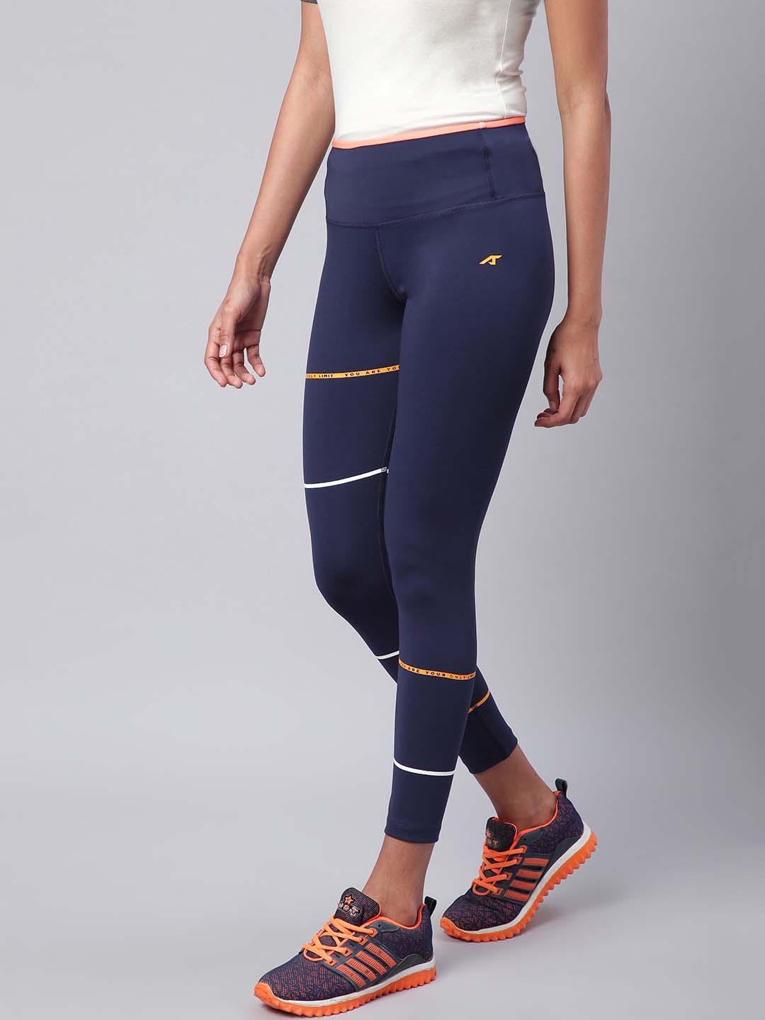 Alcis Women Navy Blue Striped Secure Fit Cropped Training Tights