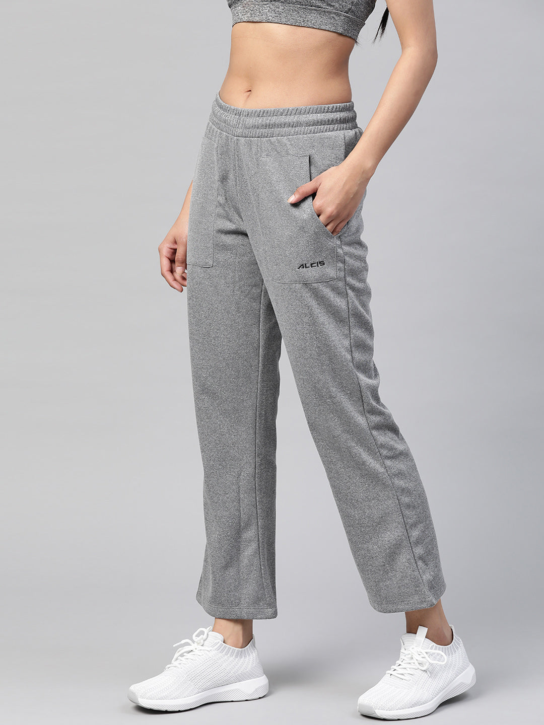 Alcis Women Grey Melange Slim Fit Solid Knitted Track Pants