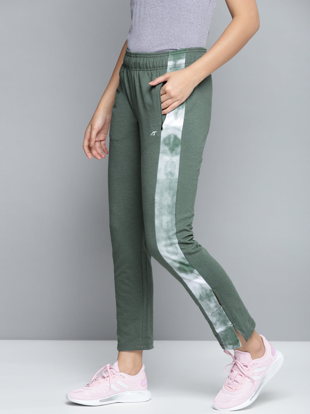 Alcis Women Olive Green Solid Slim Fit Track Pants with Side Taping Detail