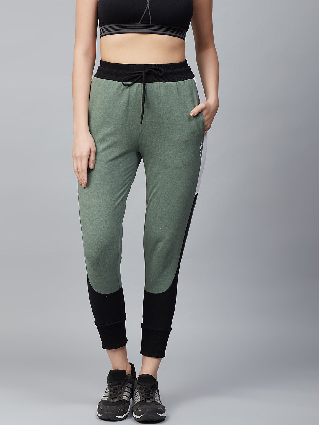 Alcis Women Olive Green & Black Solid Joggers