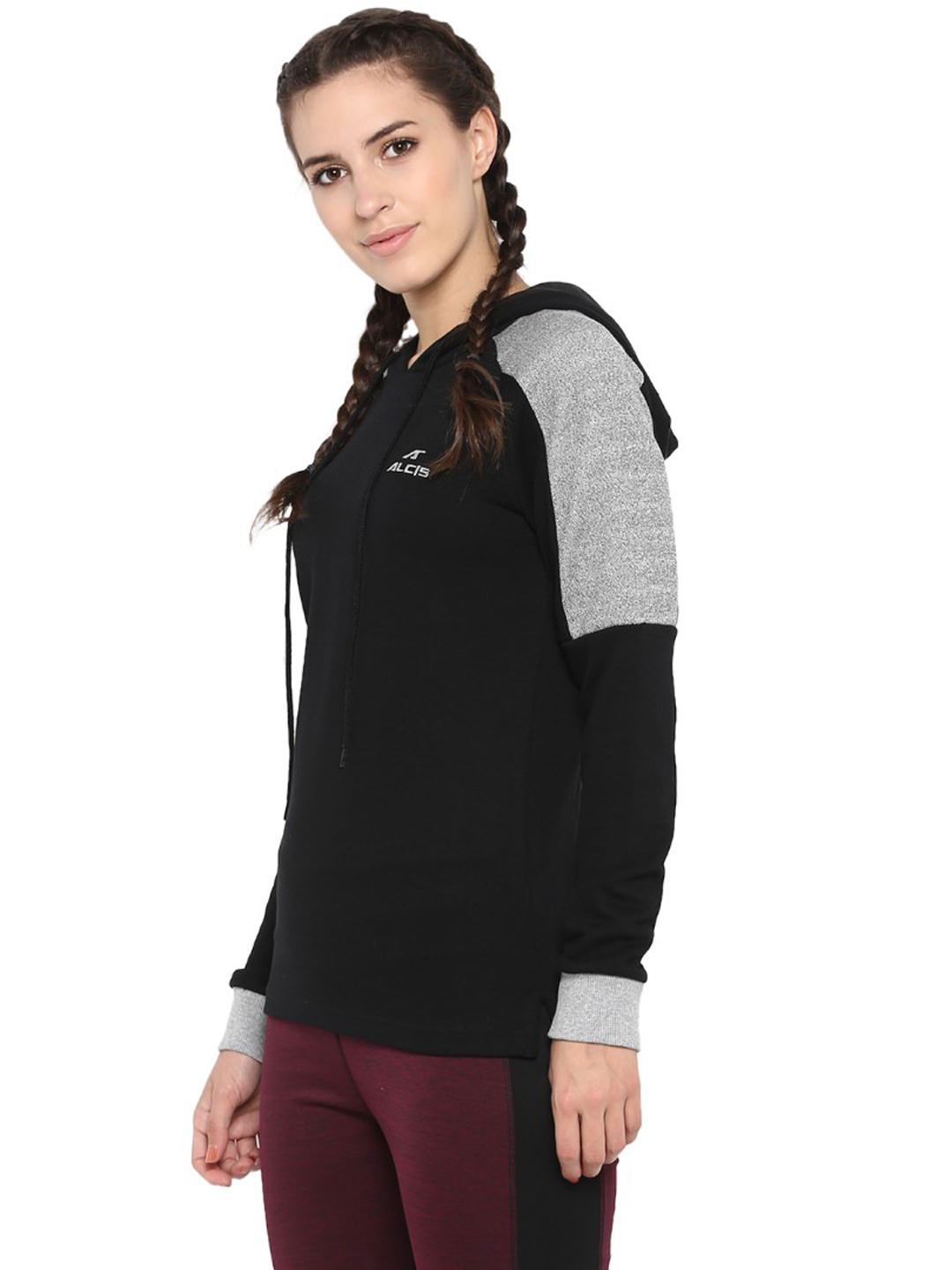 Alcis Women Black  Grey Colourblocked Hooded Sweatshirt