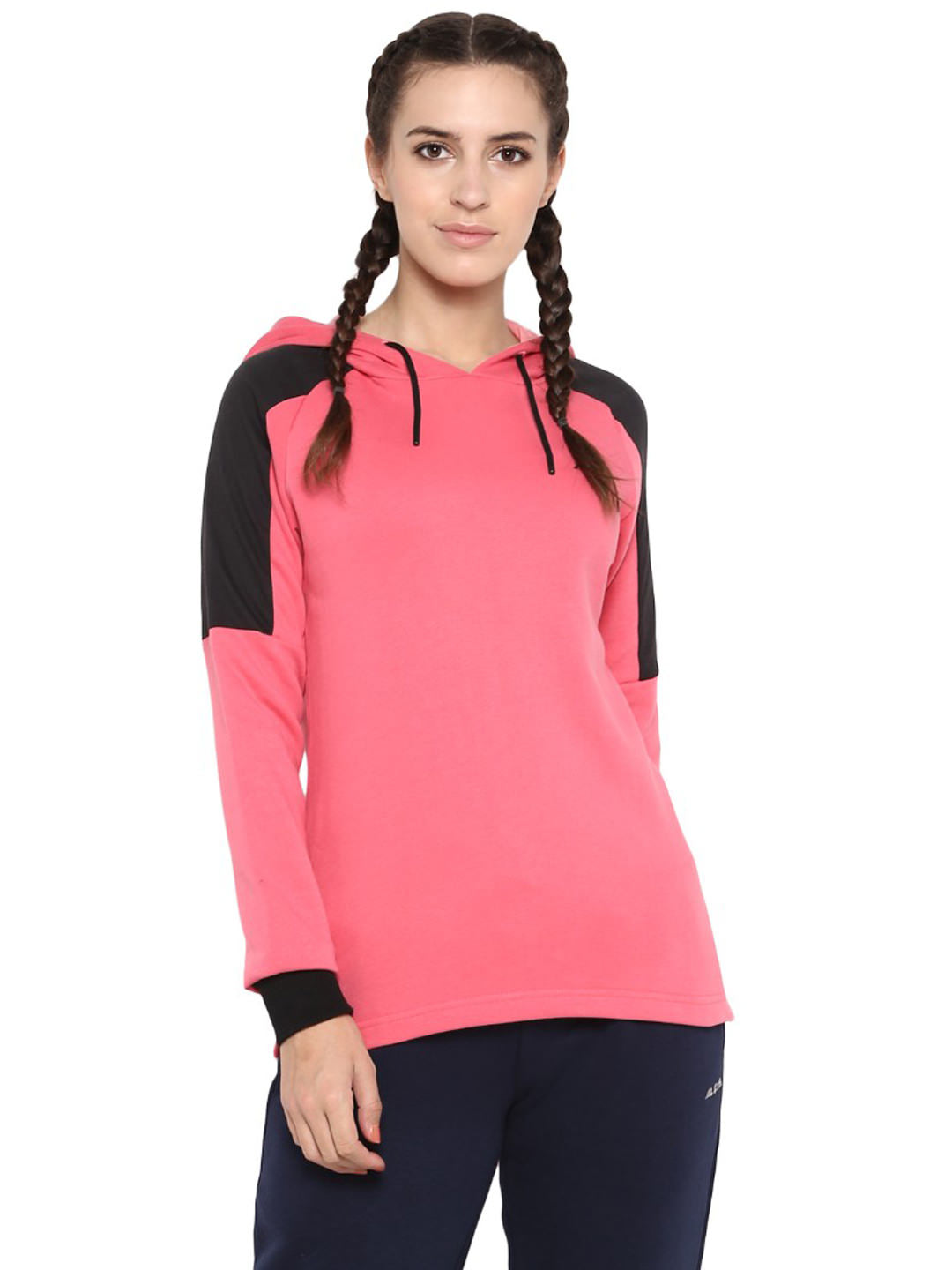 Alcis Women Pink  Black Colourblocked Hooded Sweatshirt