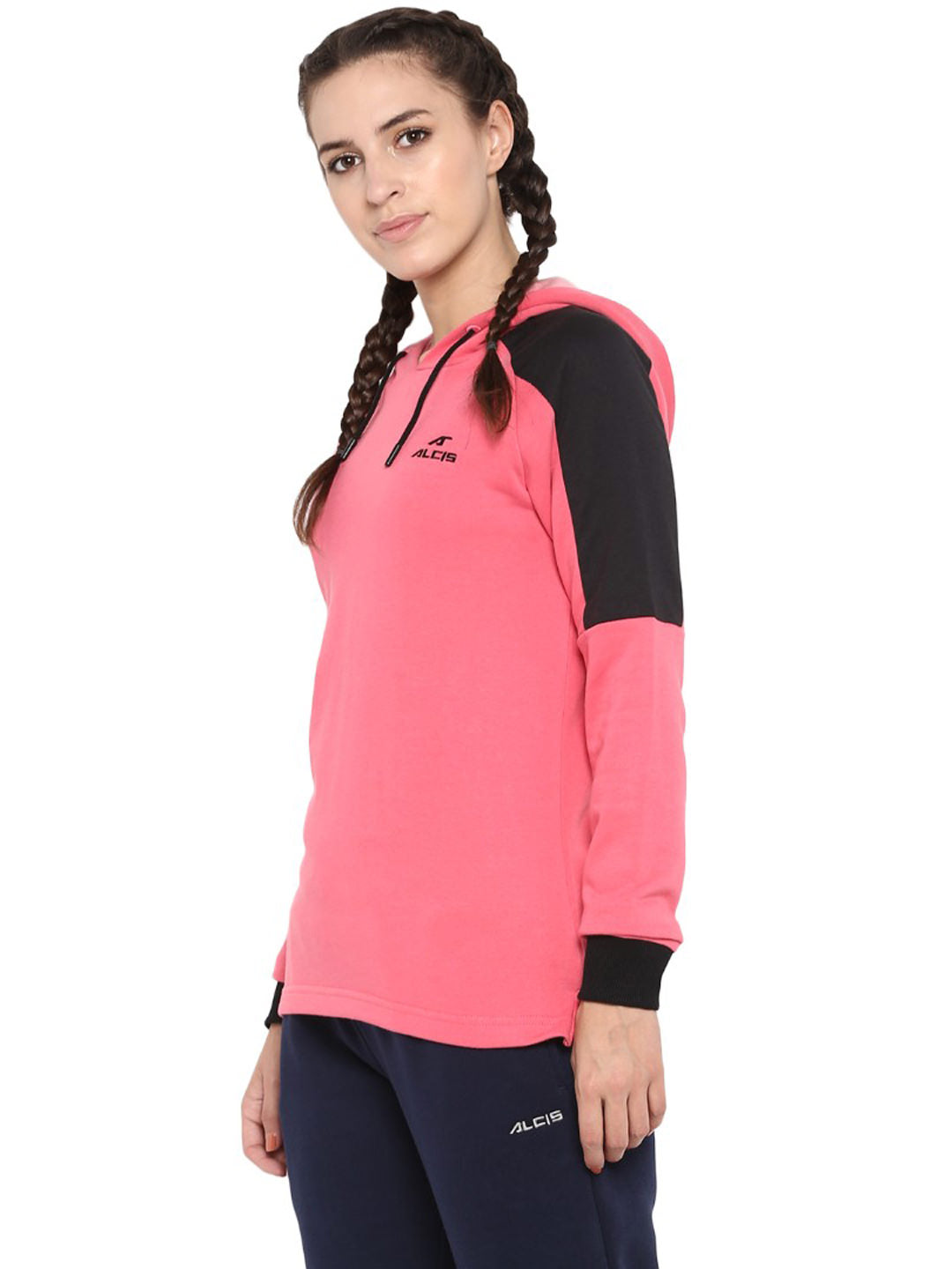 Alcis Women Pink  Black Colourblocked Hooded Sweatshirt